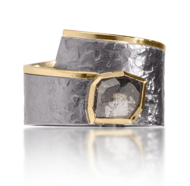 Cyclone Ring #3 in 18k gold and oxidized sterling silver with large bezel set center gray diamond. One of a kind ring. Forged, textured and fabricated by hand. Amorphous shaped, randomly faceted salt and pepper diamond, .97 ct.