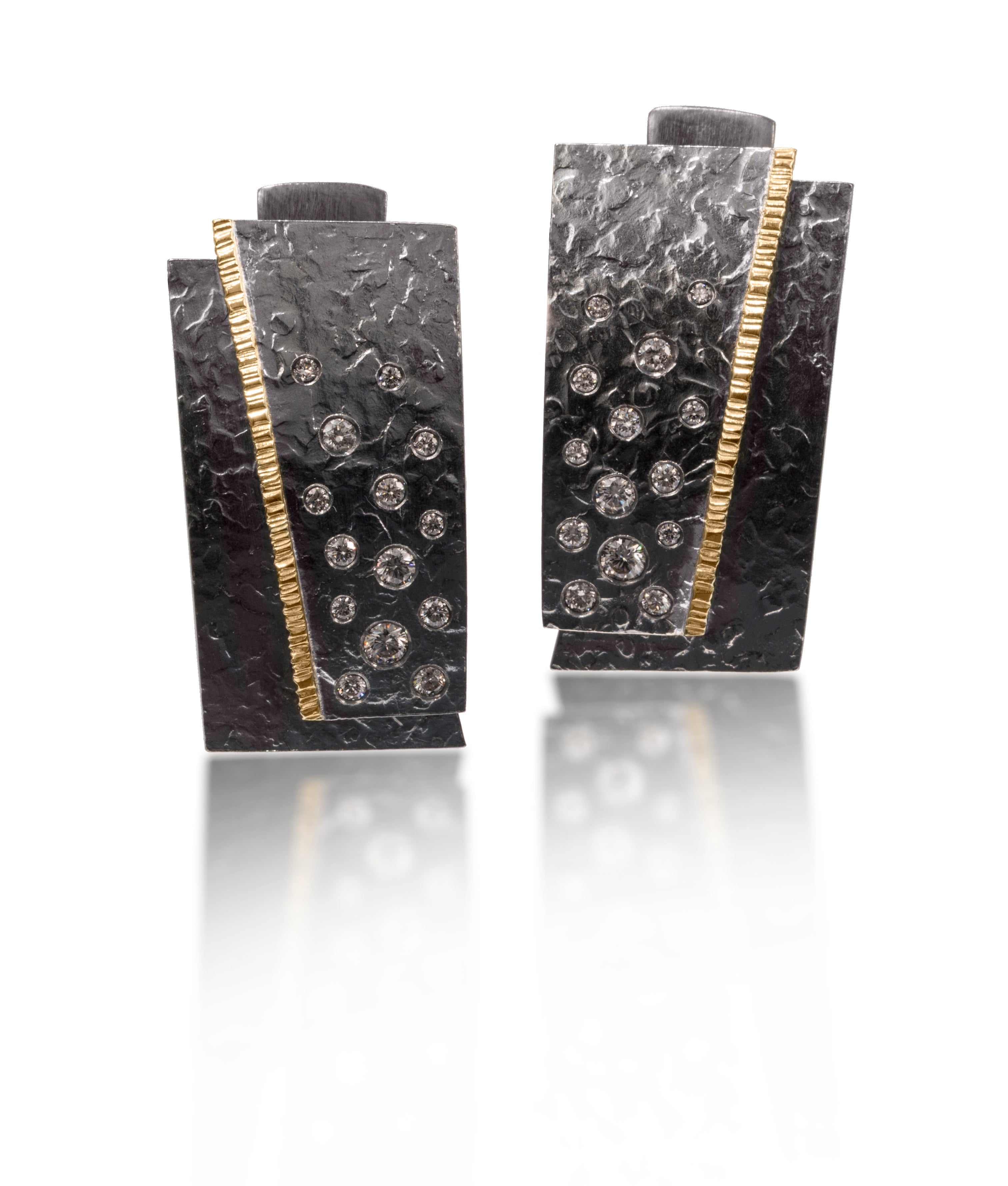 Cyclone Earrings E6-AU-Gray, Gold & Gray Diamonds on Oxidized Silver | Elizabeth Garvin Fine Jewelry