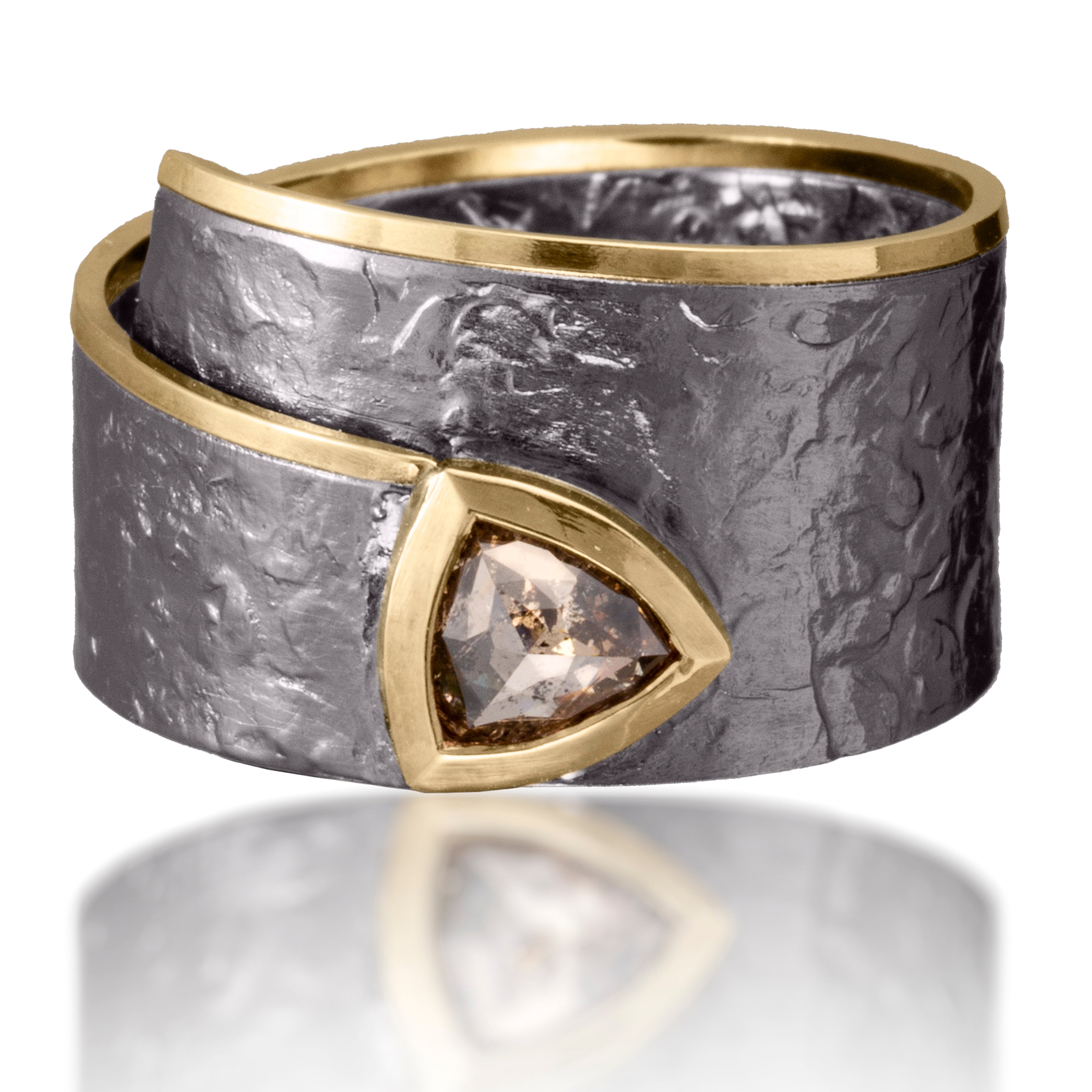 Cyclone Ring R11 18k gold and oxidized silver featuring bezel set center trillion cut, rustic champagne diamond | Elizabeth Garvin Fine Jewelry
