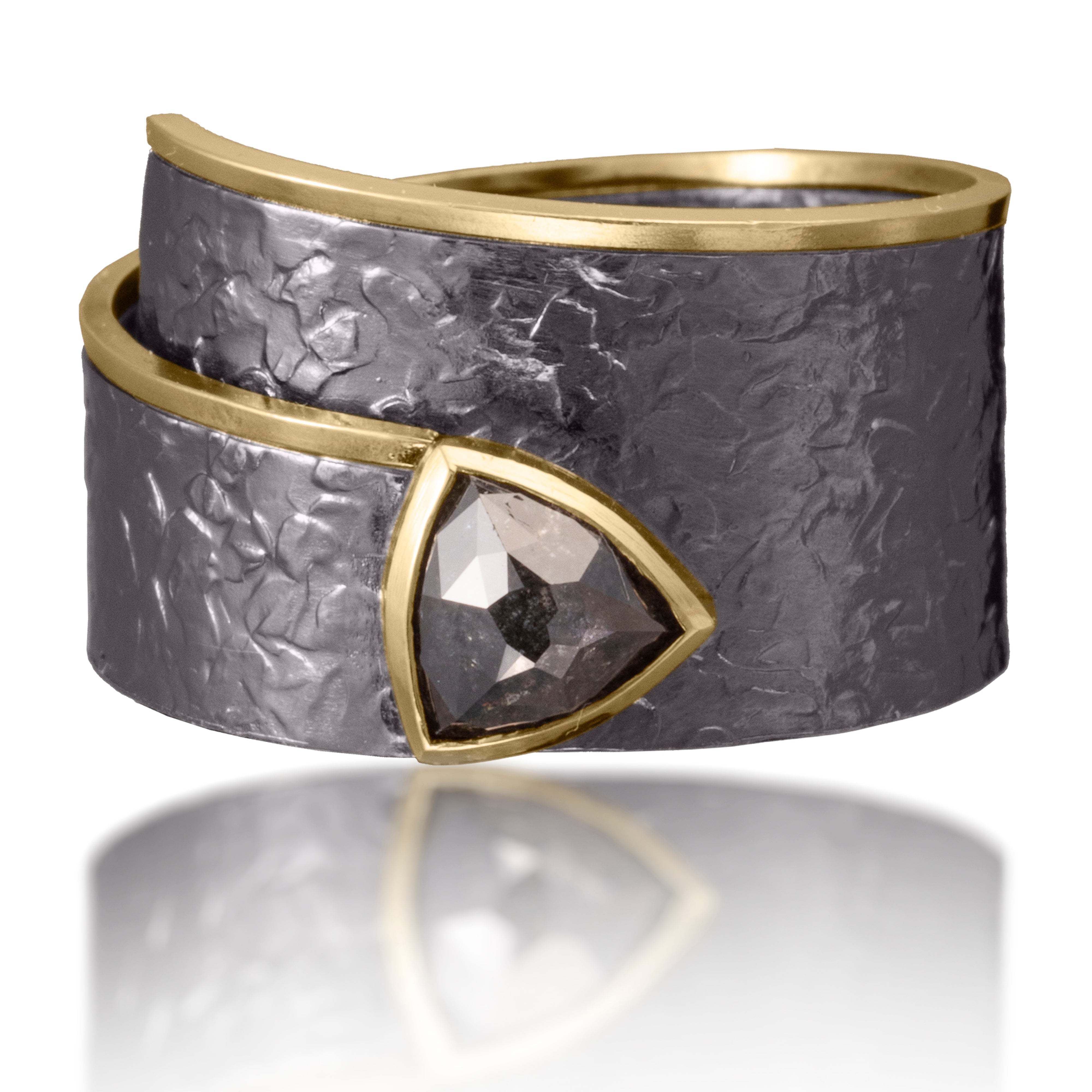 Cyclone Ring R11 18k gold and oxidized silver featuring bezel set center trillion cut, rustic gray diamond | Elizabeth Garvin Fine Jewelry