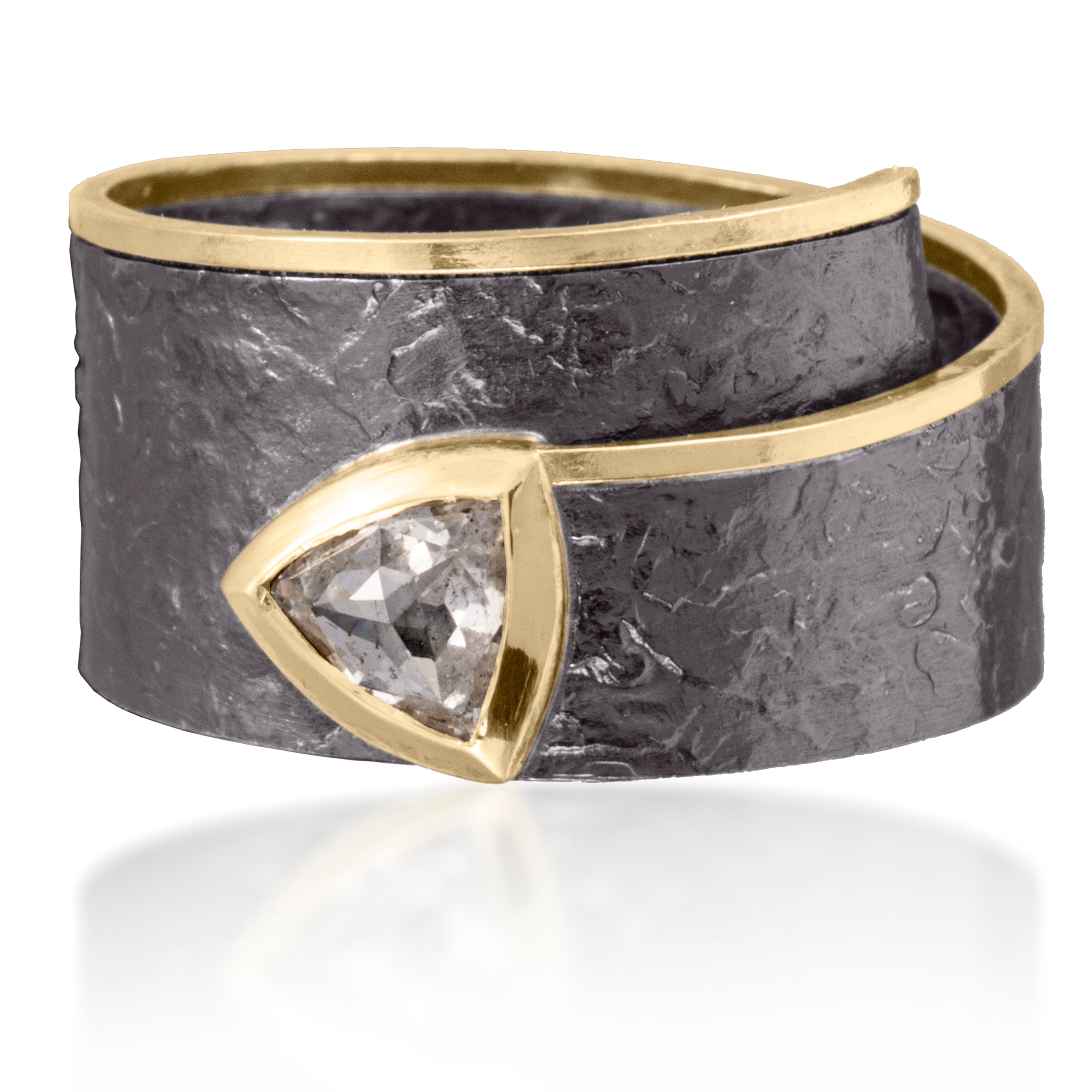 Cyclone Ring R11 18k gold and oxidized silver featuring bezel set center trillion cut, rustic light gray diamond | Elizabeth Garvin Fine Jewelry