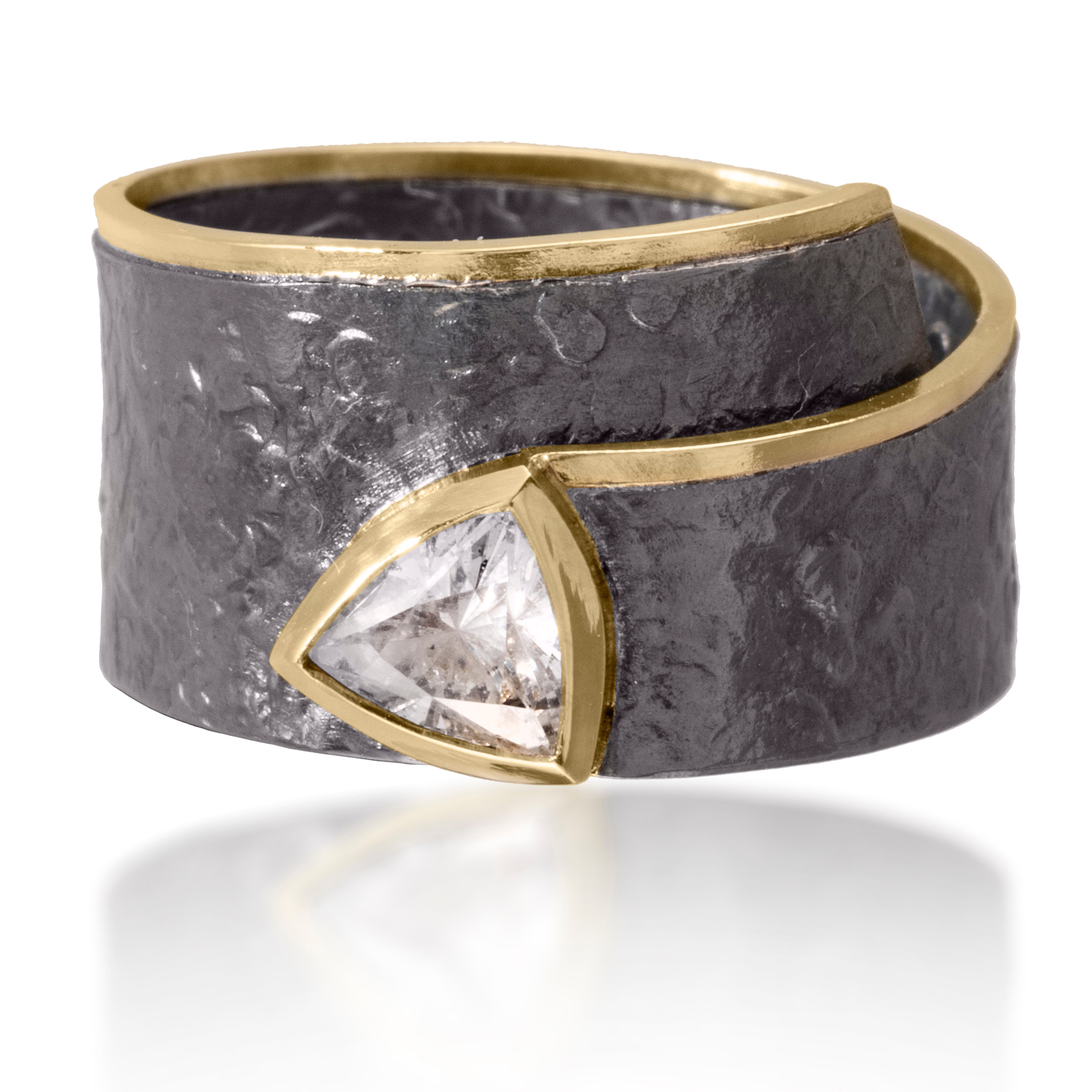 Cyclone Ring R11 18k gold and oxidized silver featuring bezel set center trillion cut, white diamond | Elizabeth Garvin Fine Jewelry