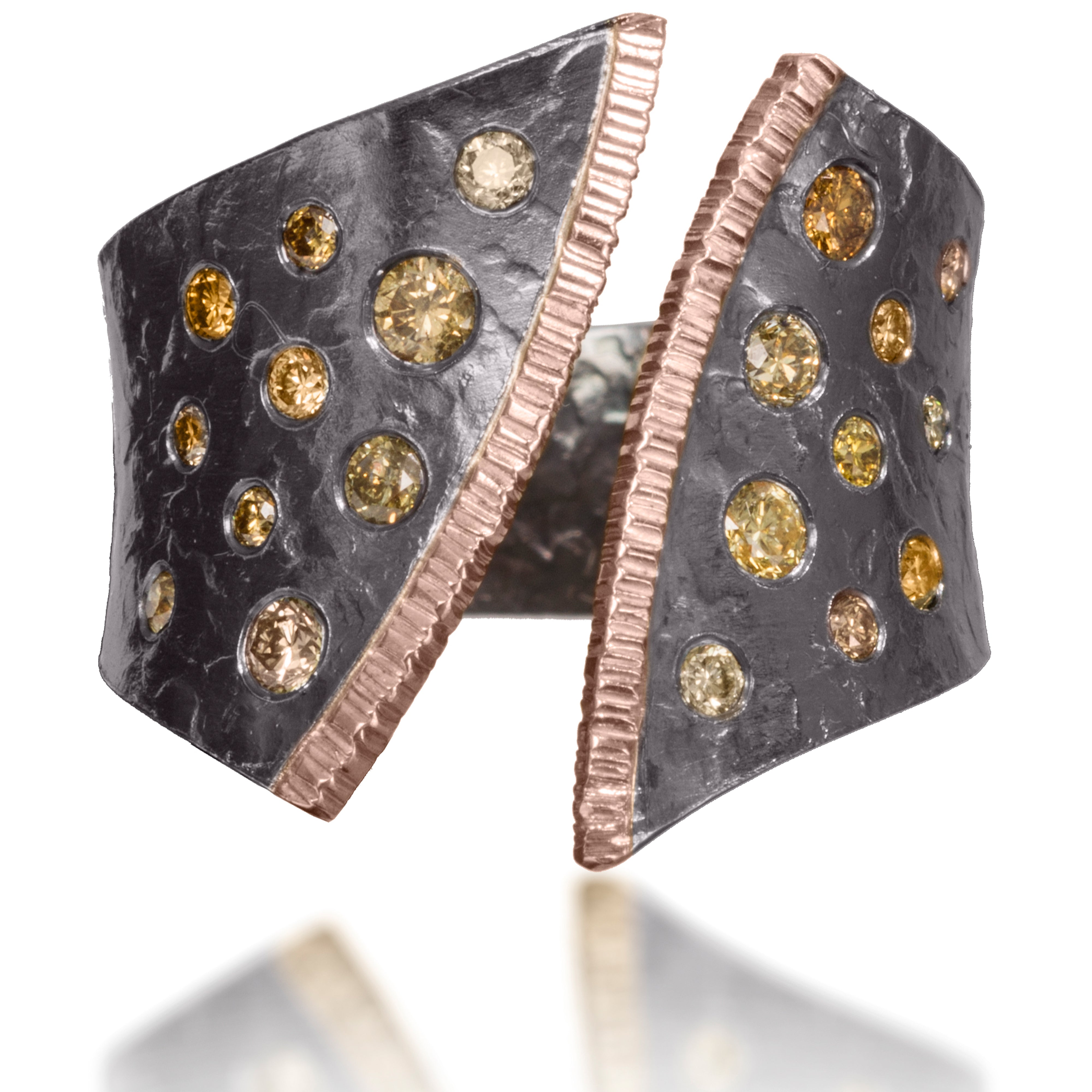 Cyclone Ring - Oxidized silver and rose gold border with flush set yellow diamonds | Elizabeth Garvin Fine Jewelry