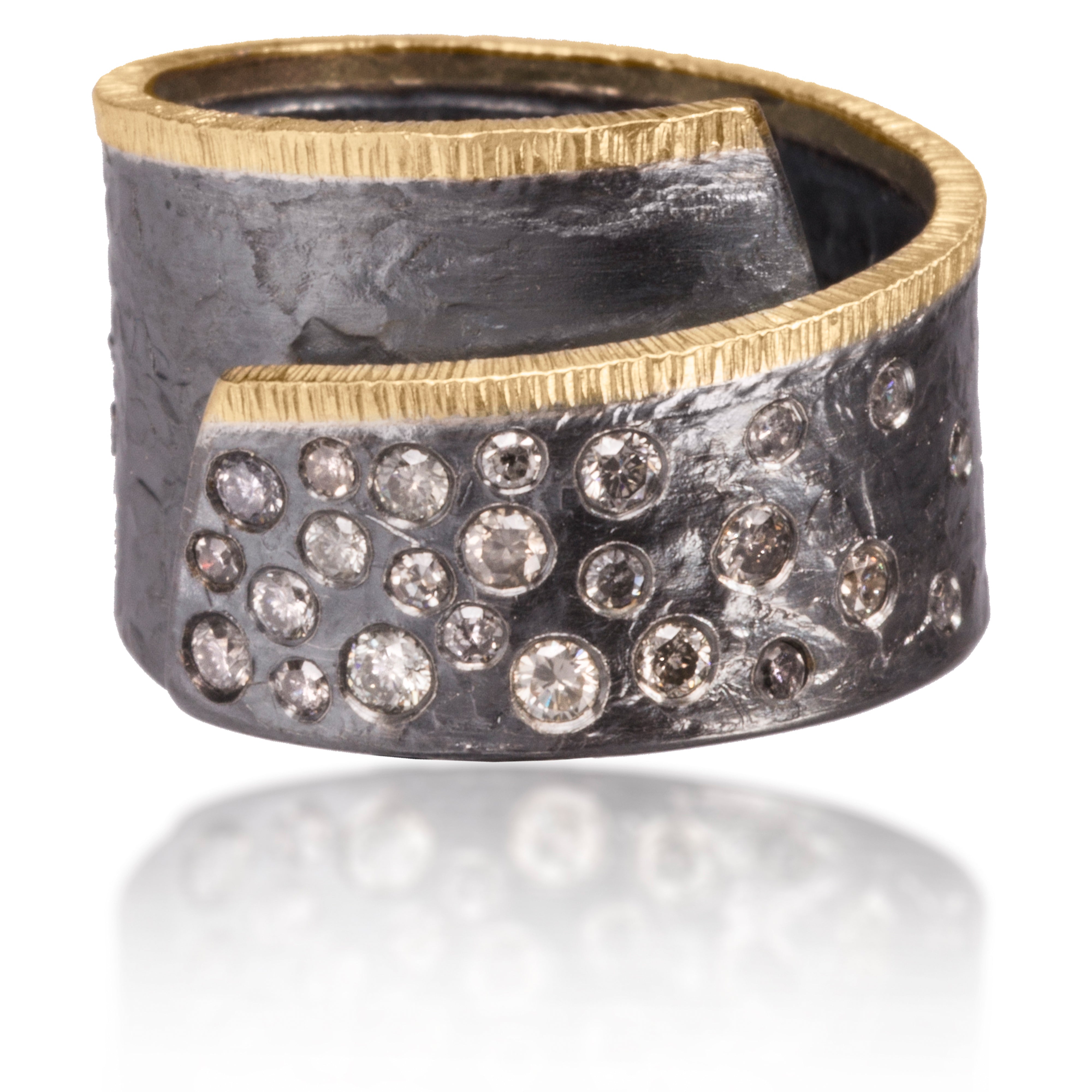 Cyclone R4 diamond spray ring in 18k gold and oxidized silver is with flush set assorted natural gray diamonds Hand fabricated, hammer textured | Elizabeth Garvin Fine Jewelry