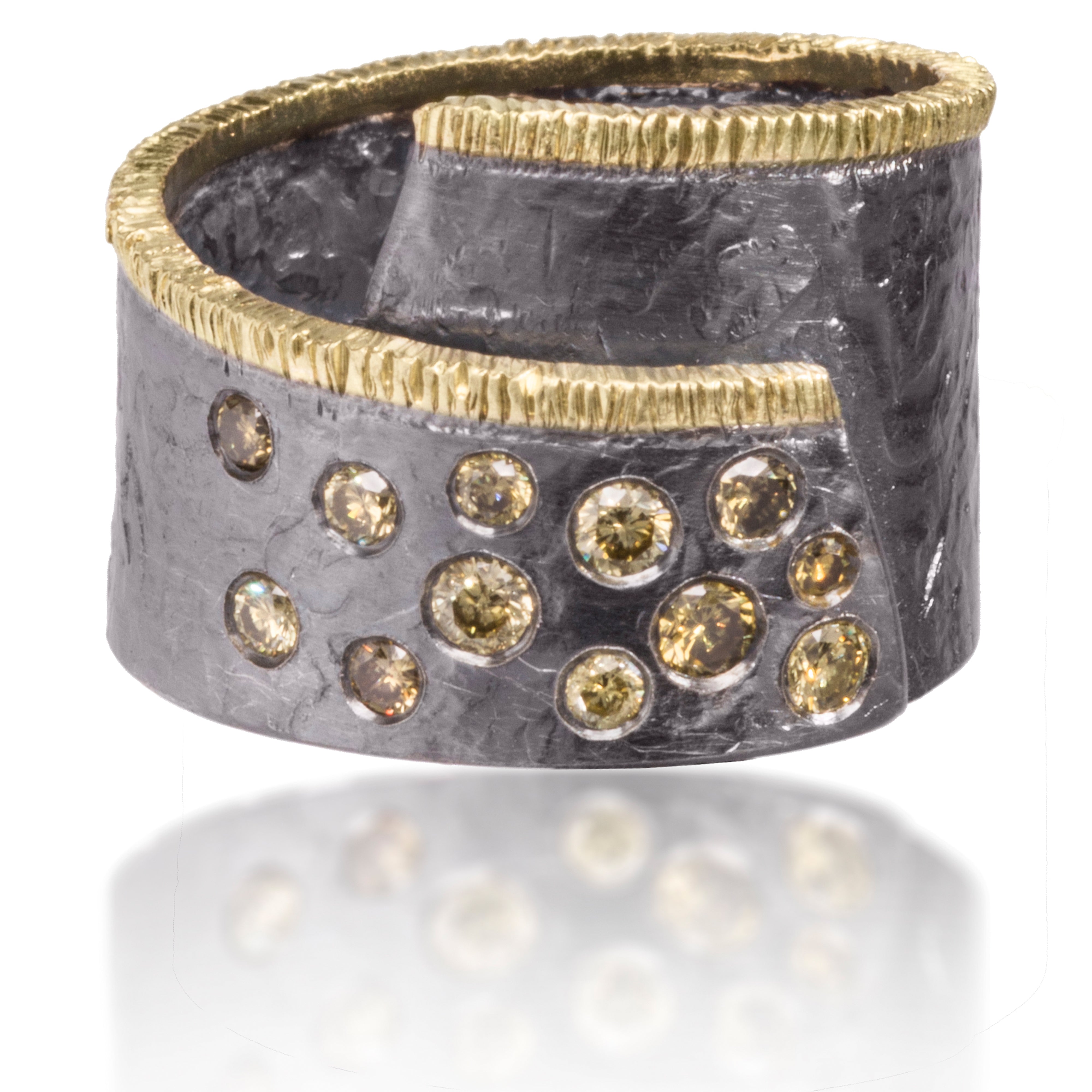 Cyclone R4 diamond spray ring in 18k gold and oxidized silver is with flush set assorted natural diamonds Hand fabricated, hammer textured | Elizabeth Garvin Fine Jewelry