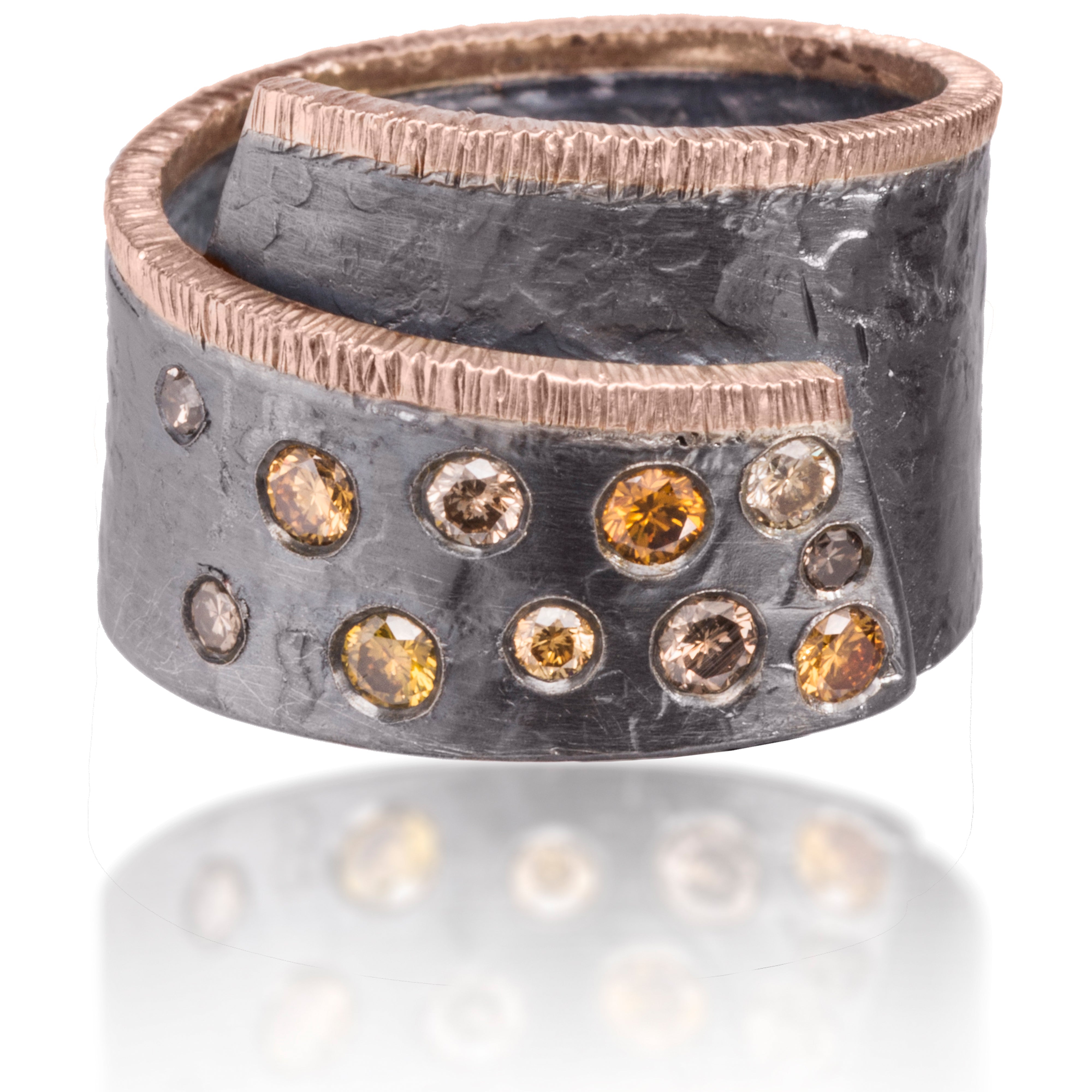 Cyclone R4 diamond spray ring in 18k rose gold and oxidized silver; flush set assorted natural diamonds Hand fabricated, hammer textured | Elizabeth Garvin Fine Jewelry