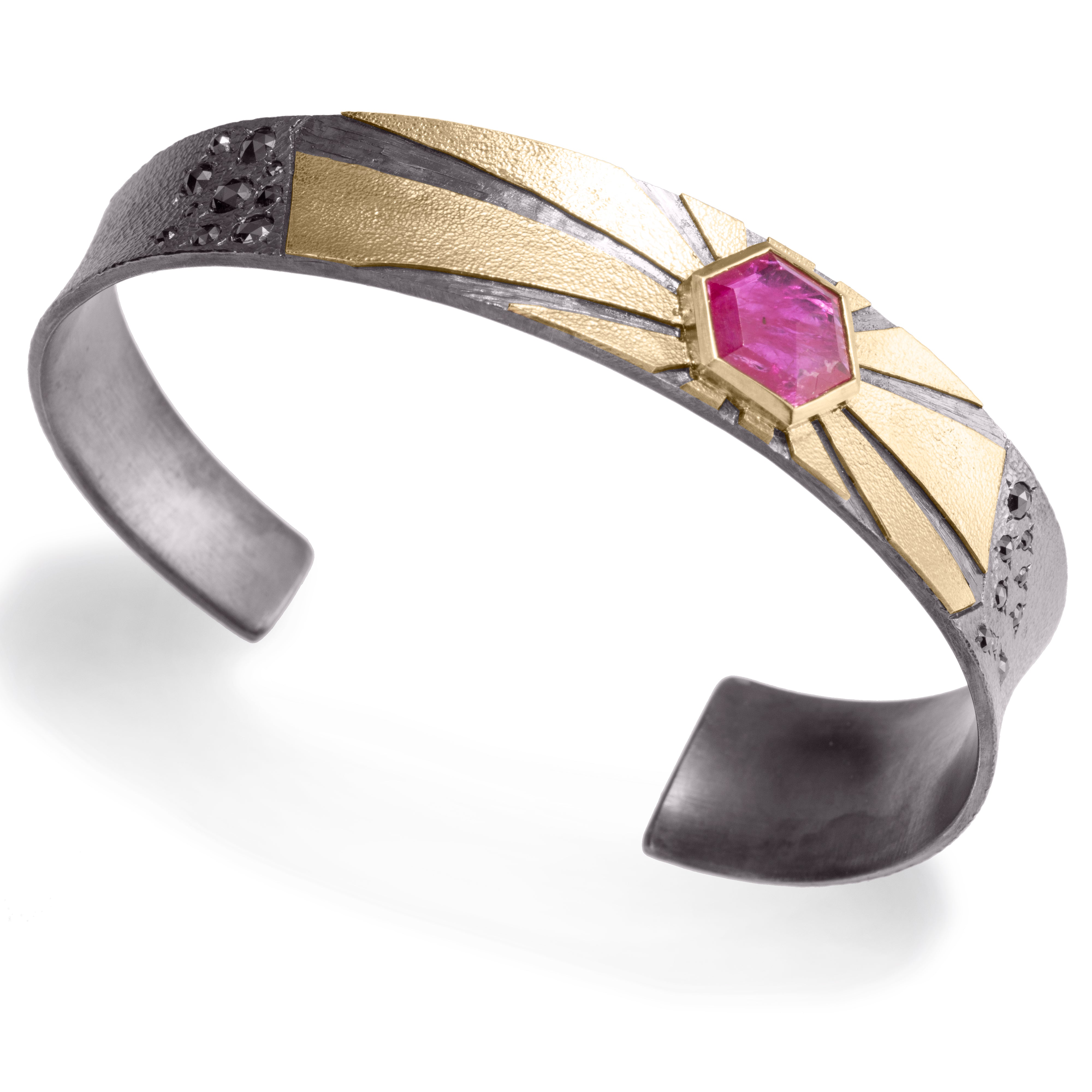 Stripe B1-2202 - 18k gold & oxidized silver with hexagonal cut ruby & black rose cut diamonds | Elizabeth Garvin Fine