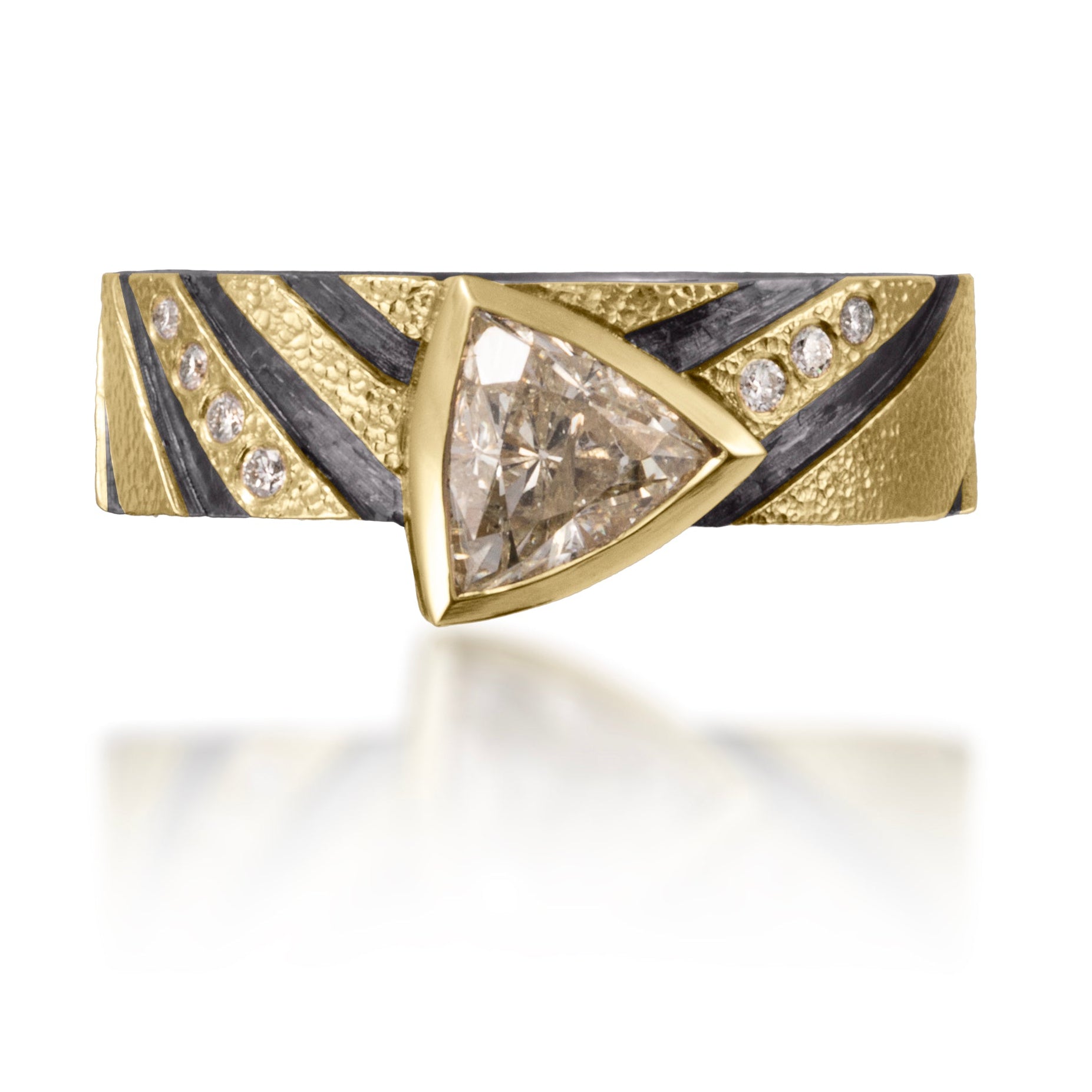 Stripe Ring-2602 - shown on white background with light reflection; 18k gold with oxidized silver stripes, large center triangle cut champagne diamond with white accent diamonds | Jewelry | Elizabeth Garvin Fine