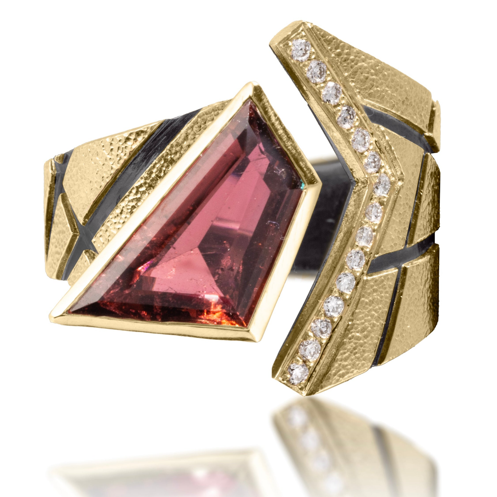 Stripe Collection one-of-a-kind ring with Rubelite Tourmaline & white diamonds set on 18kGold with Oxidized Silver design | Elizabeth Garvin Fine