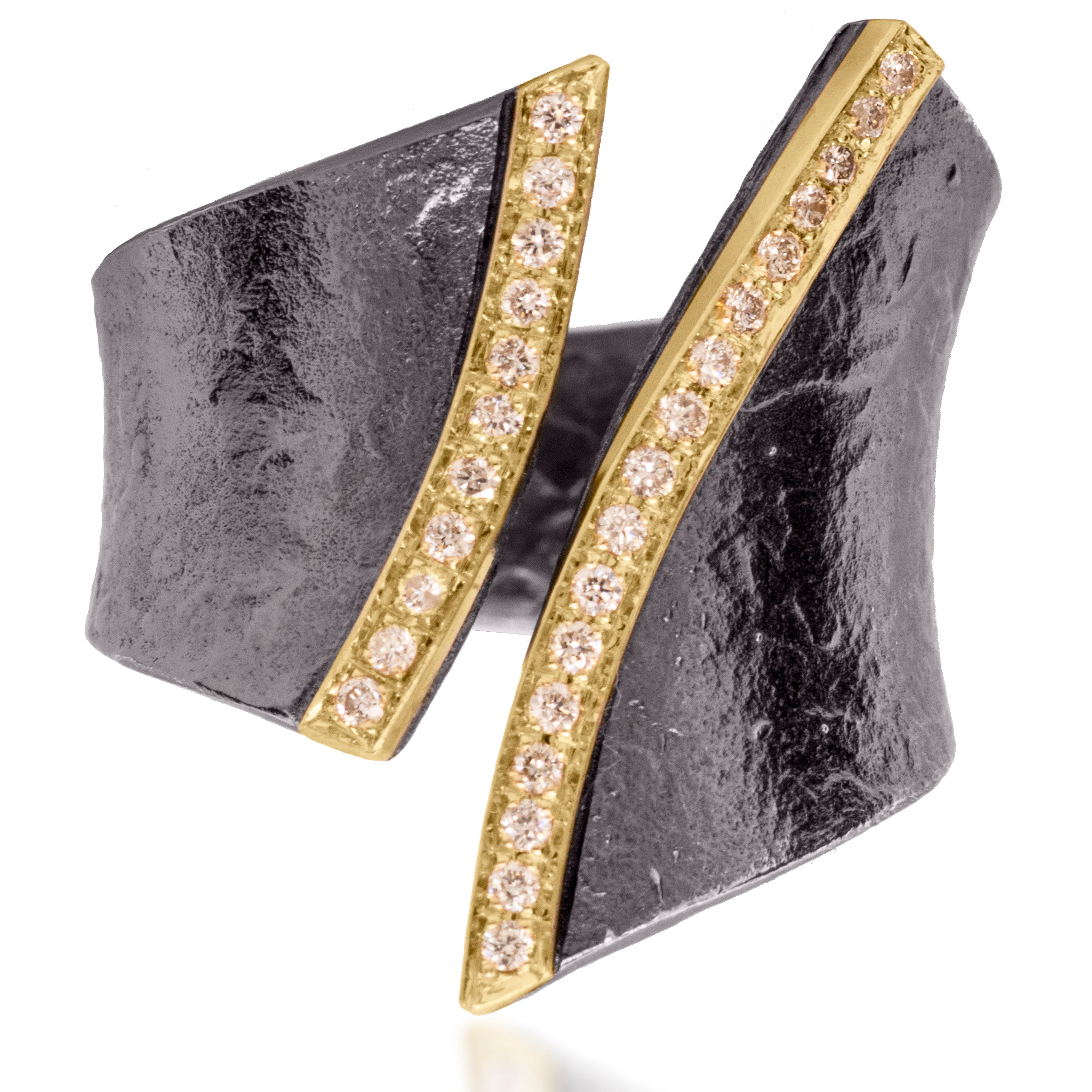 A fresh, modern classic combining earthy textured metals with true bright cut pavé. Hand forged and fabricated in 18k gold and oxidized sterling silver with pavé set white diamonds. As shown, 0.166 tcw. | Elizabeth Garvin Fine