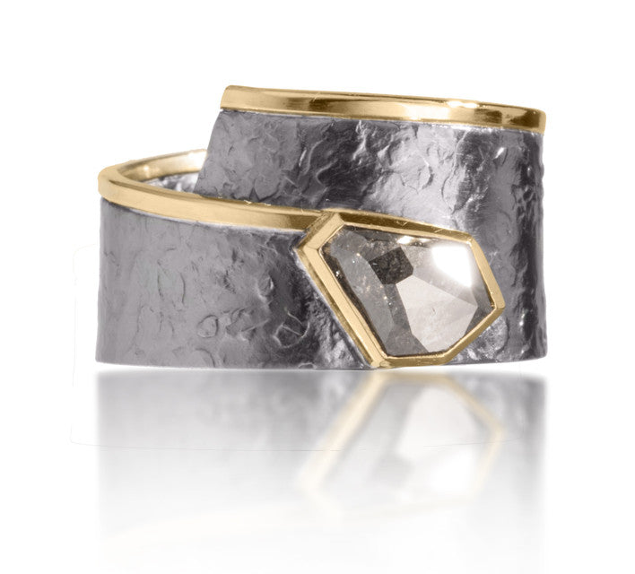 Cyclone Ring #3 in 18k gold and oxidized sterling silver with large bezel set center diamond. One of a kind diamond custom set in a one of a kind ring. Forged, textured and fabricated by hand. Amorphous shaped, randomly faceted salt and pepper diamond, .92 ct.