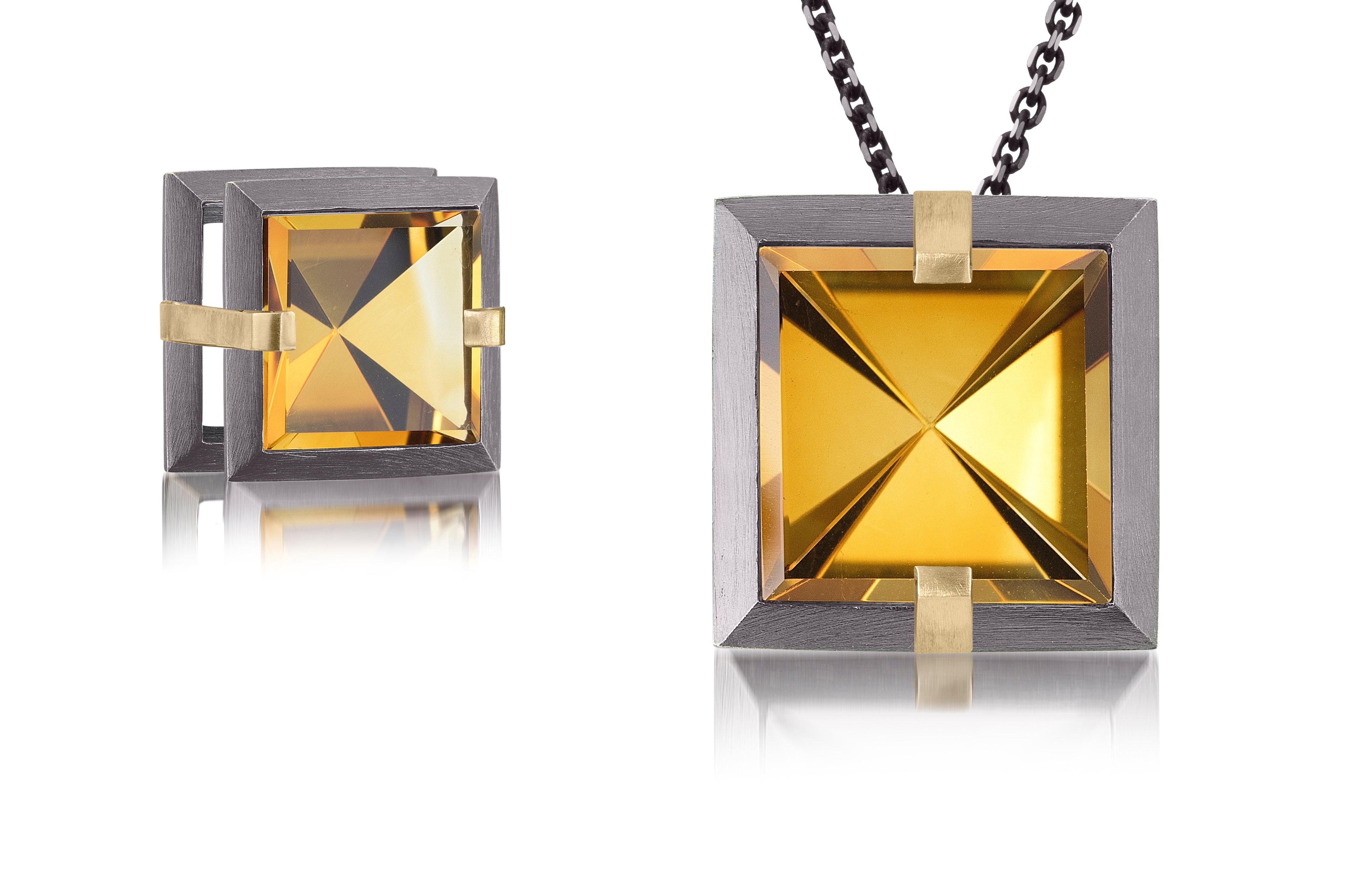 This medium Facets slide pendant in oxidized sterling and 18k gold is set with natural gemstone. Crisp, hand cut, faceted gemstones are set in a square two level frame of oxidized silver, accented by 18k gold prongs. Gemstone 6.32-7.28 tcw.