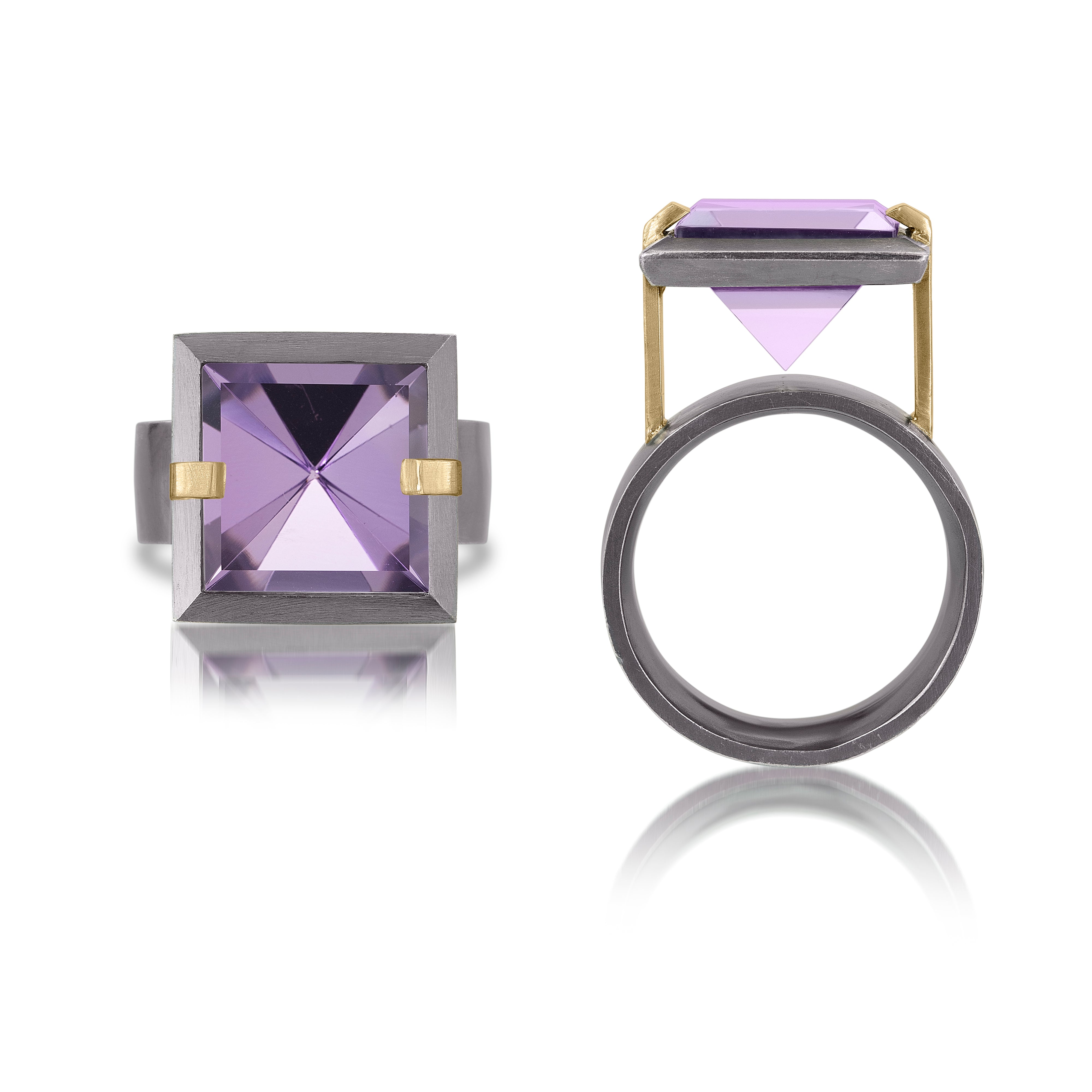 This medium style Facets ring is natural gemstone set in oxidized sterling and 18k gold. Crisp and sparkling faceted squares of gemstone are elevated and framed in oxidized silver accented with 18k gold prongs.  The ring features an oxidized sterling comfort band.  Gemstone 6.32- 7.28 tcw.