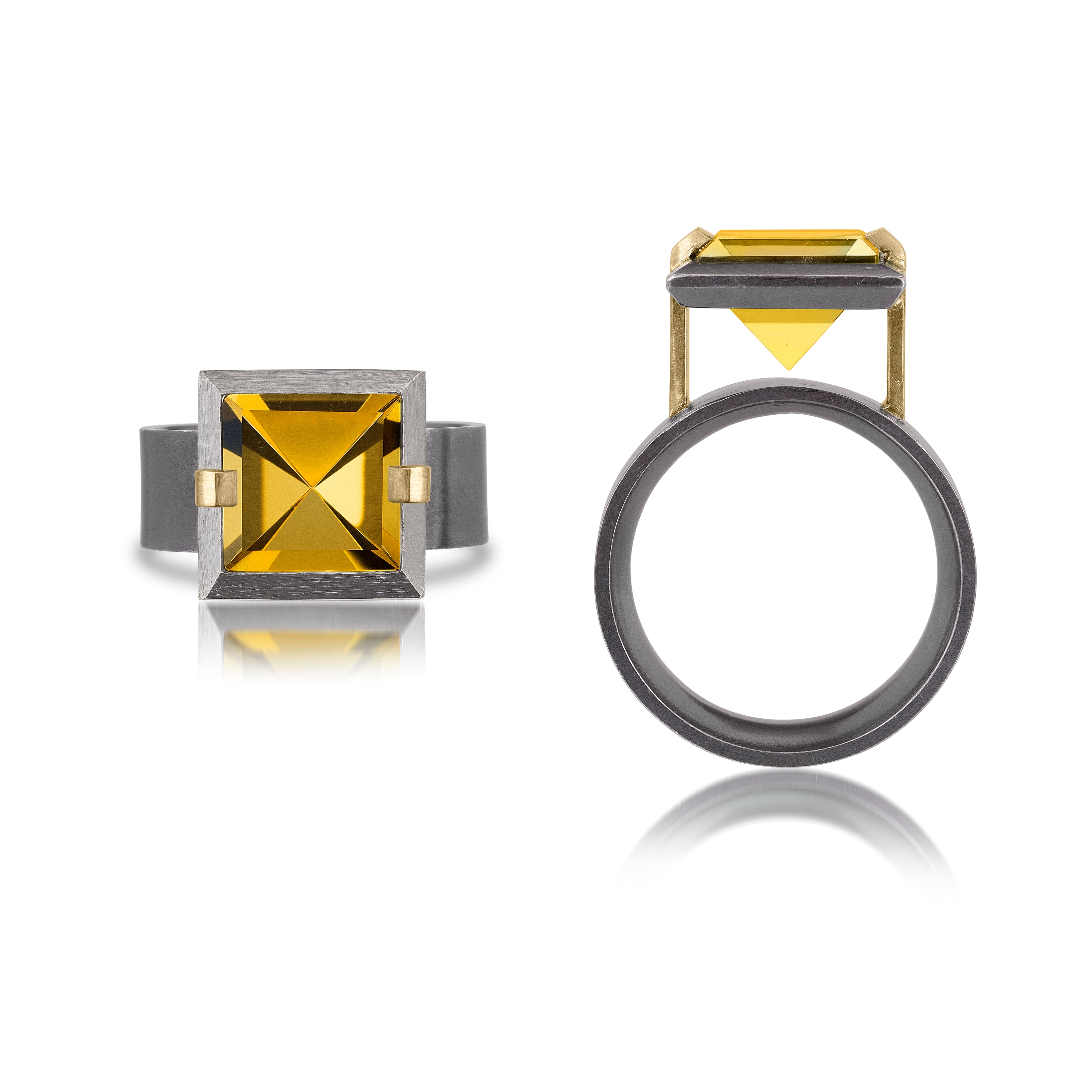 This small style Facets ring is natural gemstone set in oxidized sterling and 18k gold. Crisp and sparkling faceted squares of gemstone are elevated and framed in oxidized silver accented with 18k gold prongs.  The ring features an oxidized sterling comfort band.  Gemstone 3.26- 3.76 tcw.