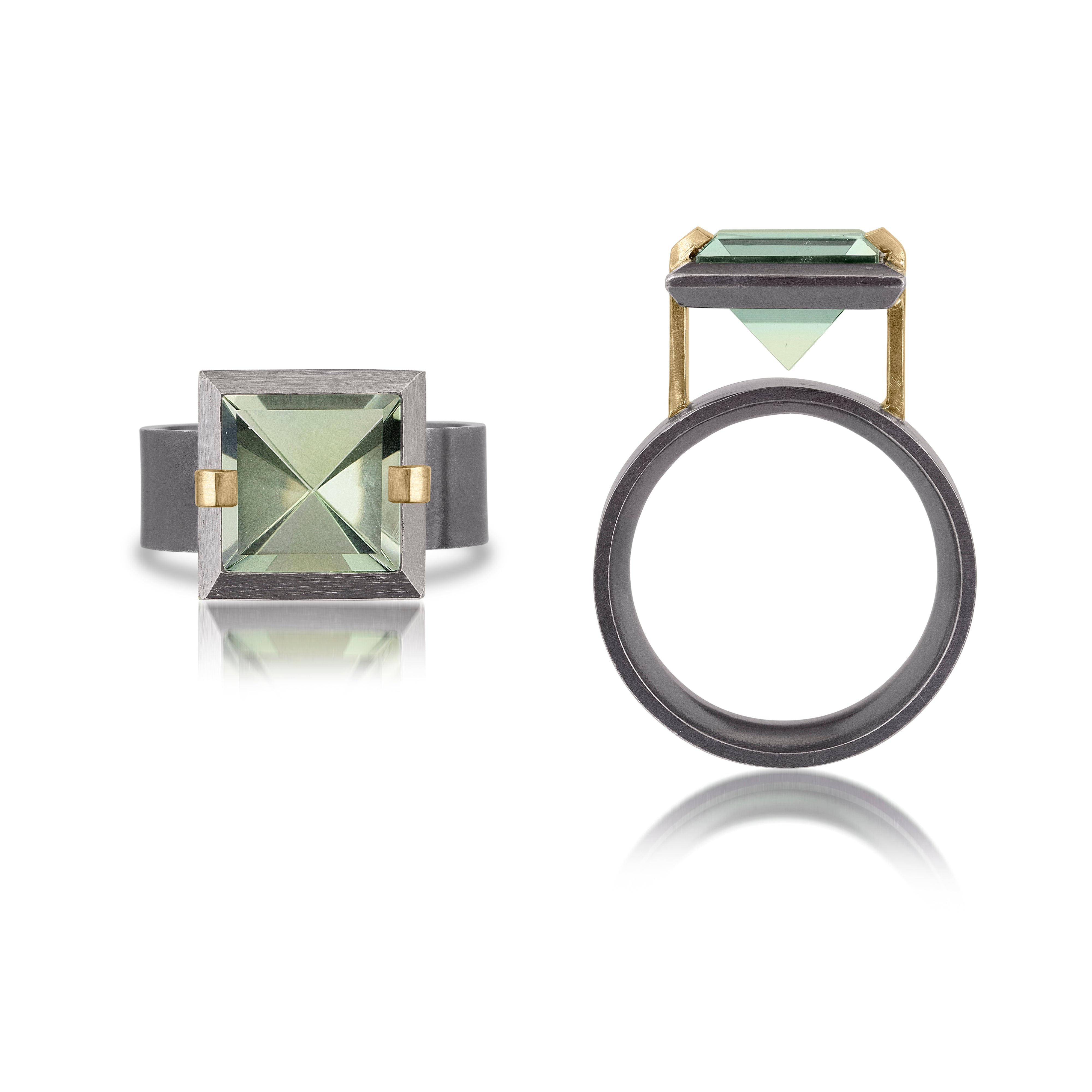 This small style Facets ring is natural gemstone set in oxidized sterling and 18k gold. Crisp and sparkling faceted squares of gemstone are elevated and framed in oxidized silver accented with 18k gold prongs.  The ring features an oxidized sterling comfort band.  Gemstone 3.26- 3.76 tcw.