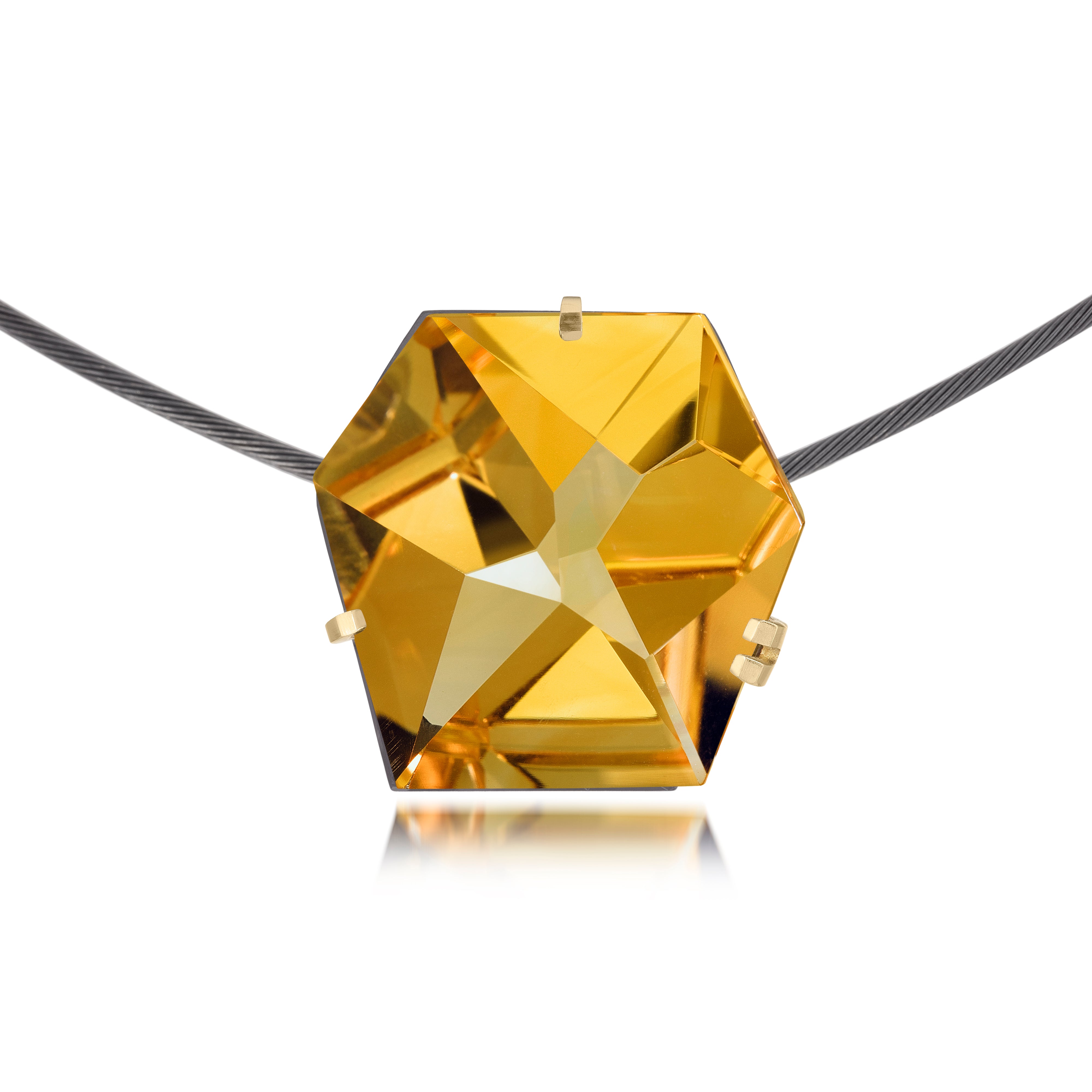This large size Facets necklace of natural gemstone is set in oxidized silver. Clean lines and a geometric form join to create this neckpiece with a unique, hand cut faceted chunk of gemstone prong set in 18k gold, coupled with a simple neckring of oxidized sterling. Necklace features a friction tube clasp to produce a continuous, uninterrupted line. Gemstone 27.25- 28.75 tcw.