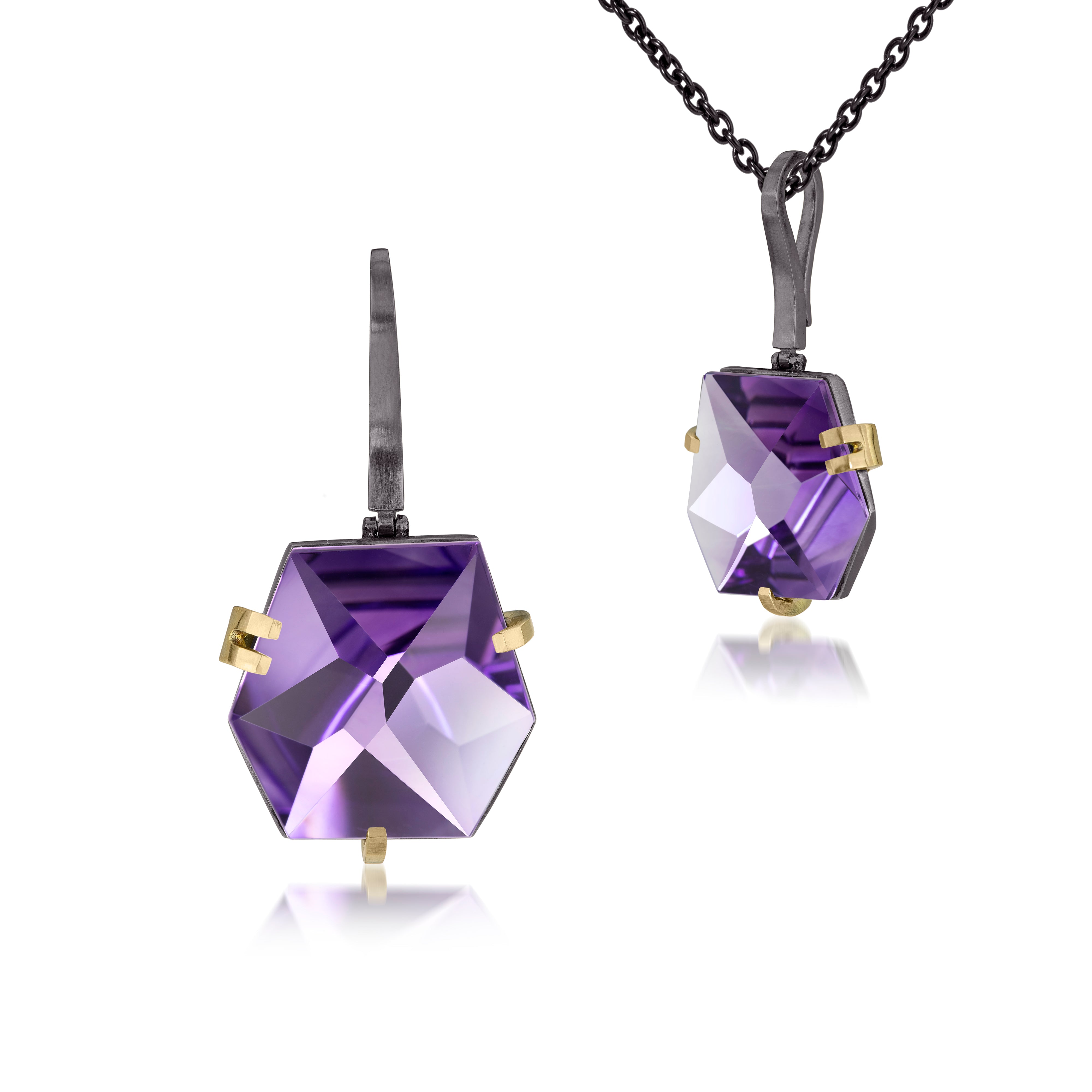 This medium size Facets pendant in oxidized sterling and 18k gold is set with natural gemstone. Unique, hand cut faceted chunks of gemstone are prong set in 18k gold prongs hang from a small bail of 18k gold or oxidized silver.