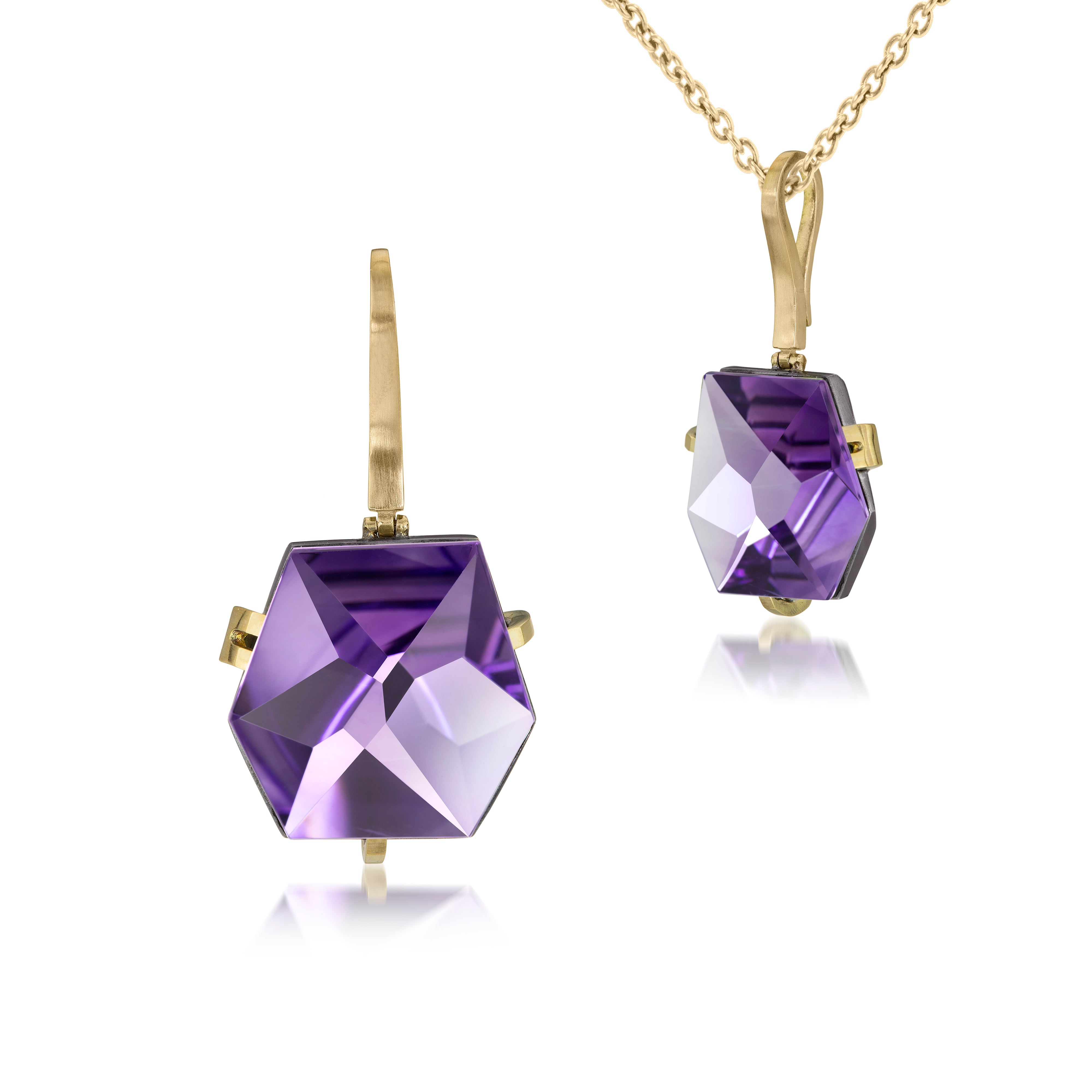 This medium size Facets pendant in oxidized sterling and 18k gold is set with natural gemstone. Unique, hand cut faceted chunks of gemstone are prong set in 18k gold prongs hang from a small bail of 18k gold or oxidized silver.