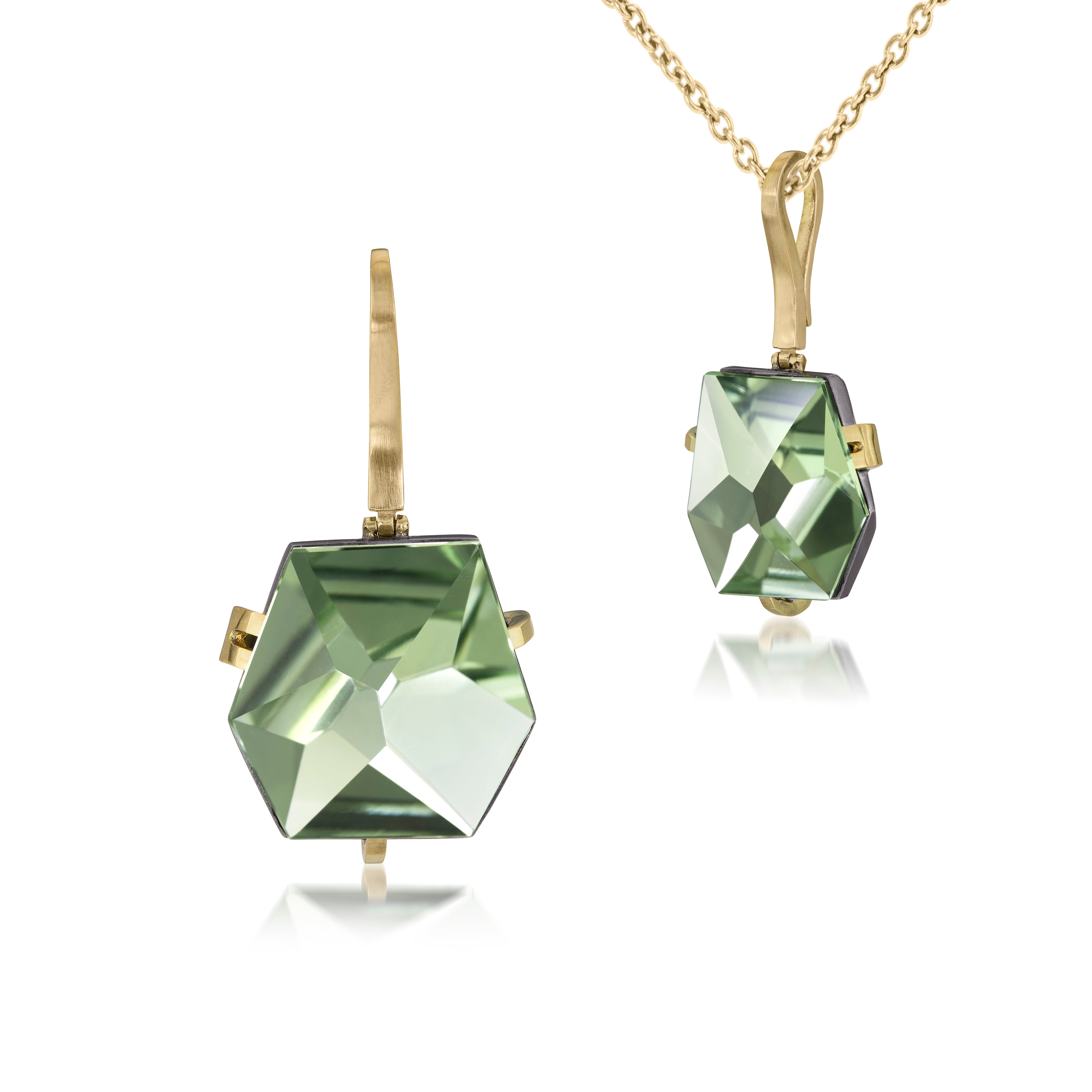This medium size Facets pendant in oxidized sterling and 18k gold is set with natural gemstone. Unique, hand cut faceted chunks of gemstone are prong set in 18k gold prongs hang from a small bail of 18k gold or oxidized silver.