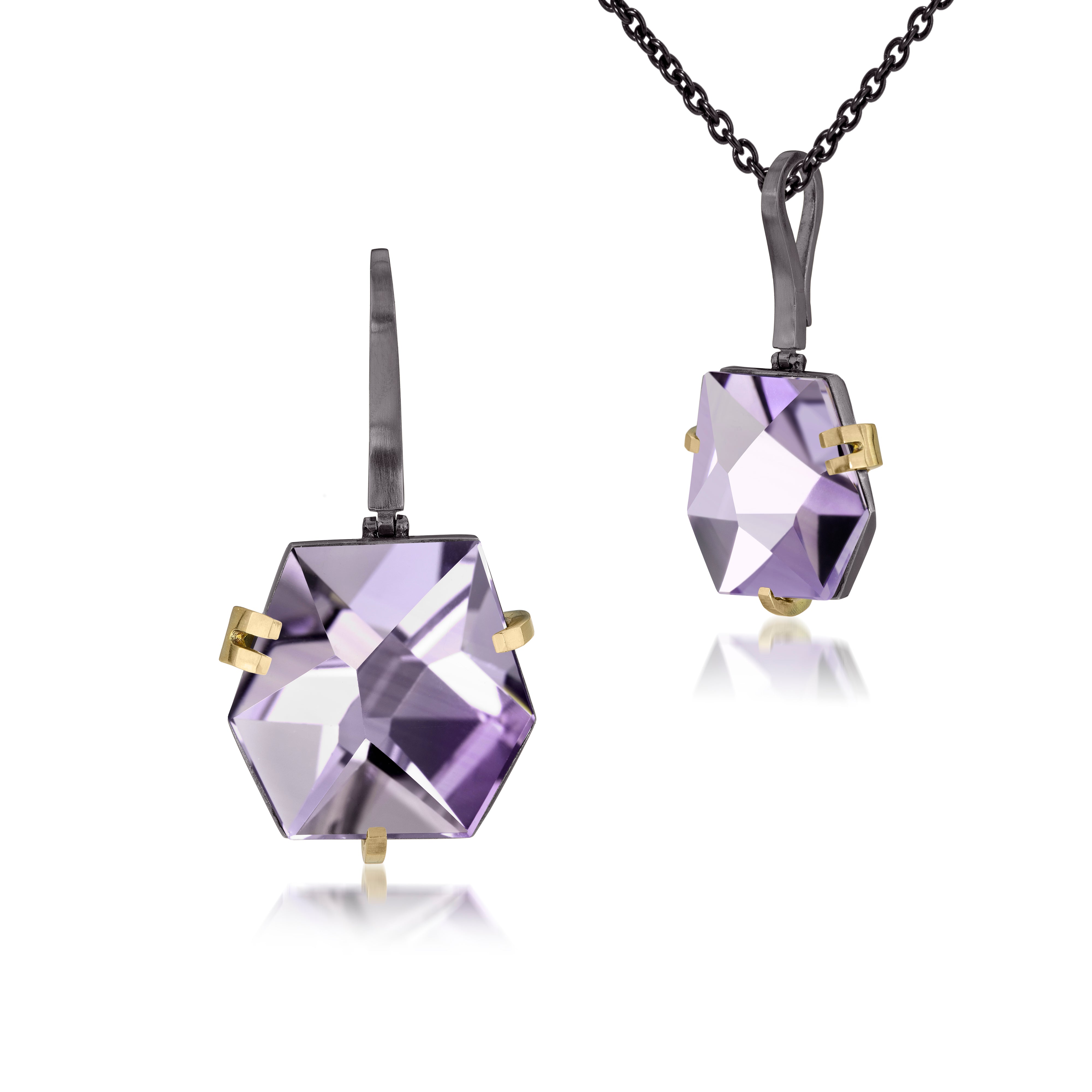 This medium size Facets pendant in oxidized sterling and 18k gold is set with natural gemstone. Unique, hand cut faceted chunks of gemstone are prong set in 18k gold prongs hang from a small bail of 18k gold or oxidized silver.