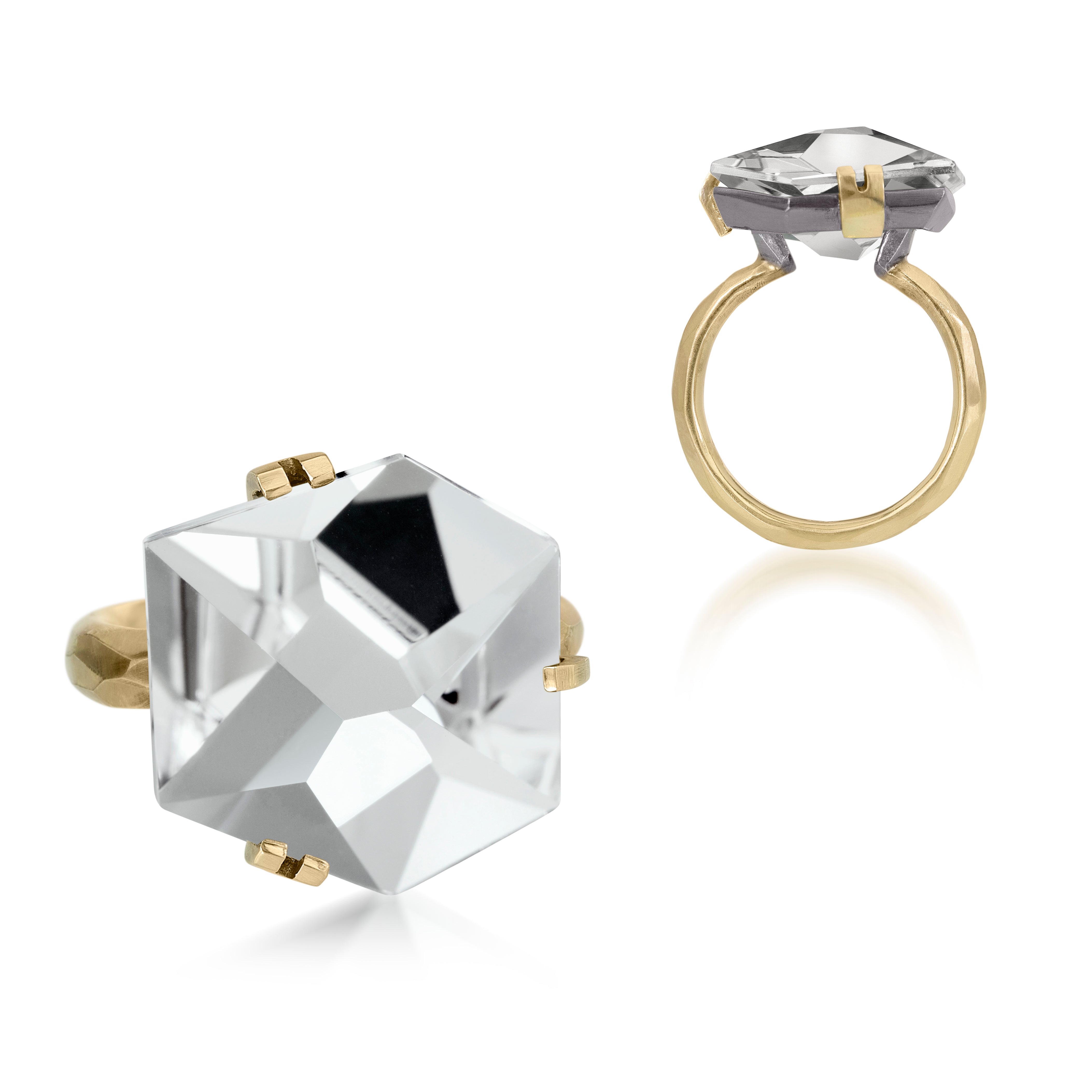 This medium size Facets ring in oxidized sterling and 18k is set with natural gemstone. Unique, hand cut faceted chunks of gemstone are prong set in 18k gold with a hand faceted oxidized silver ring shank. Gemstone 11.5-12.5 tcw.