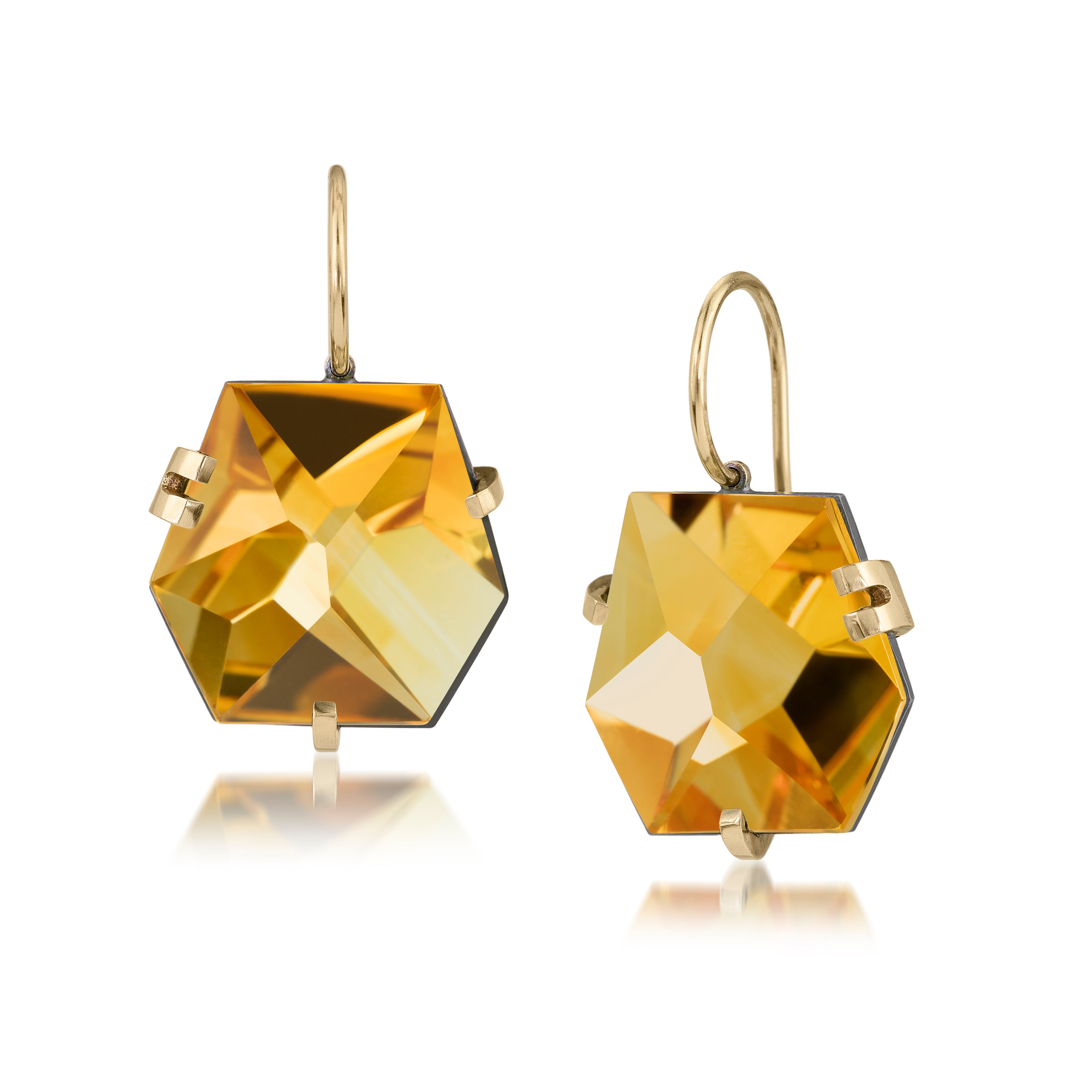 Facets earring, size small in oxidized sterling and 18k gold set with natural gemstones. Unique, hand cut, faceted chunks of natural gem prong set in 18k gold prongs and hanging from 18k ear wires.