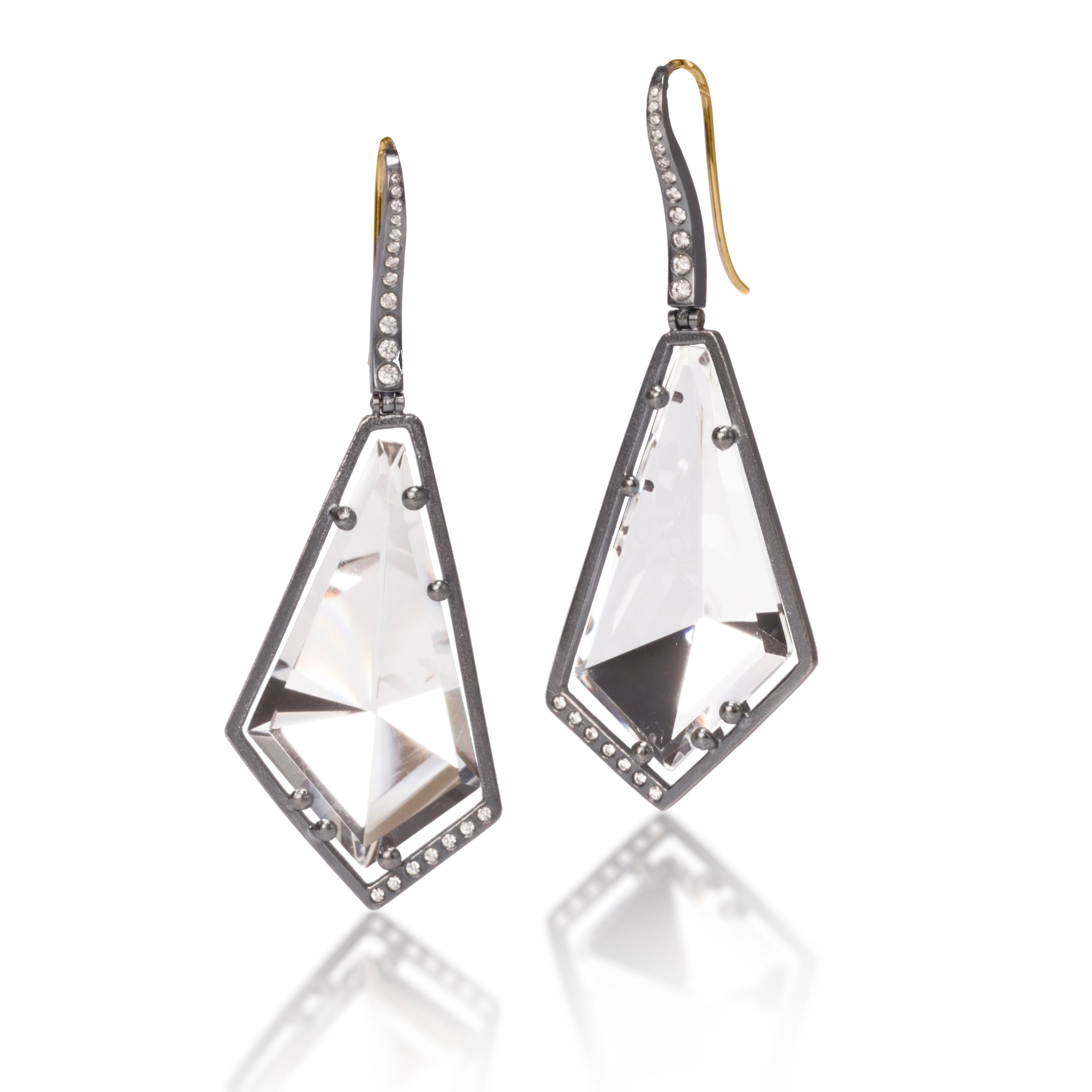 Facets Earring #10 in oxidized sterling silver with “floating” semiprecious, mirror cut gems, 43.75 tcw. Accented with flush set, ideal cut, white diamonds 0.2566 tcw. This dazzling earring hangs from an 18k gold ear wire.