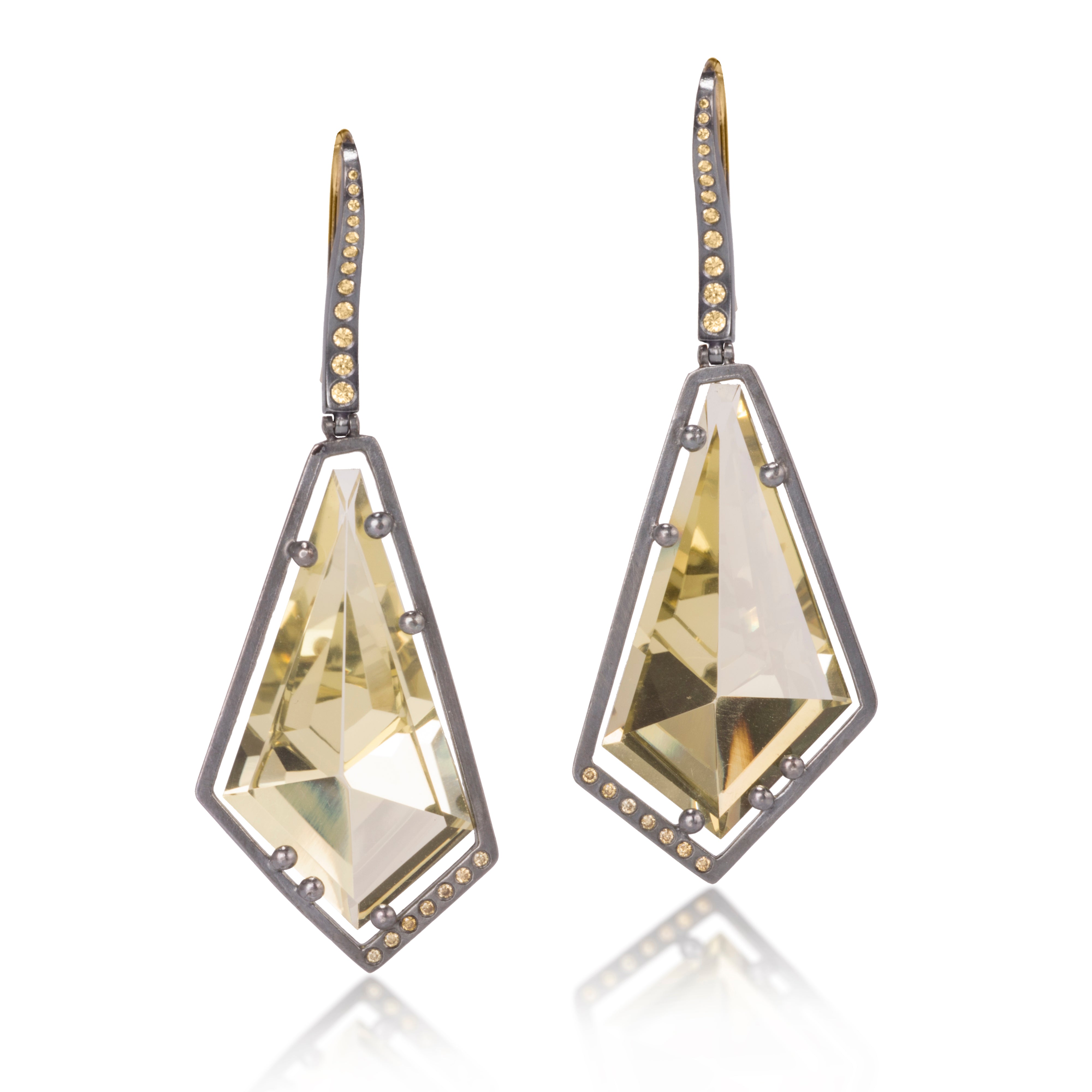 Facets Earring #10 in oxidized sterling silver with “floating” semiprecious, mirror cut gems, 43.75 tcw. Accented with flush set, ideal cut, white diamonds 0.2566 tcw. This dazzling earring hangs from an 18k gold ear wire.