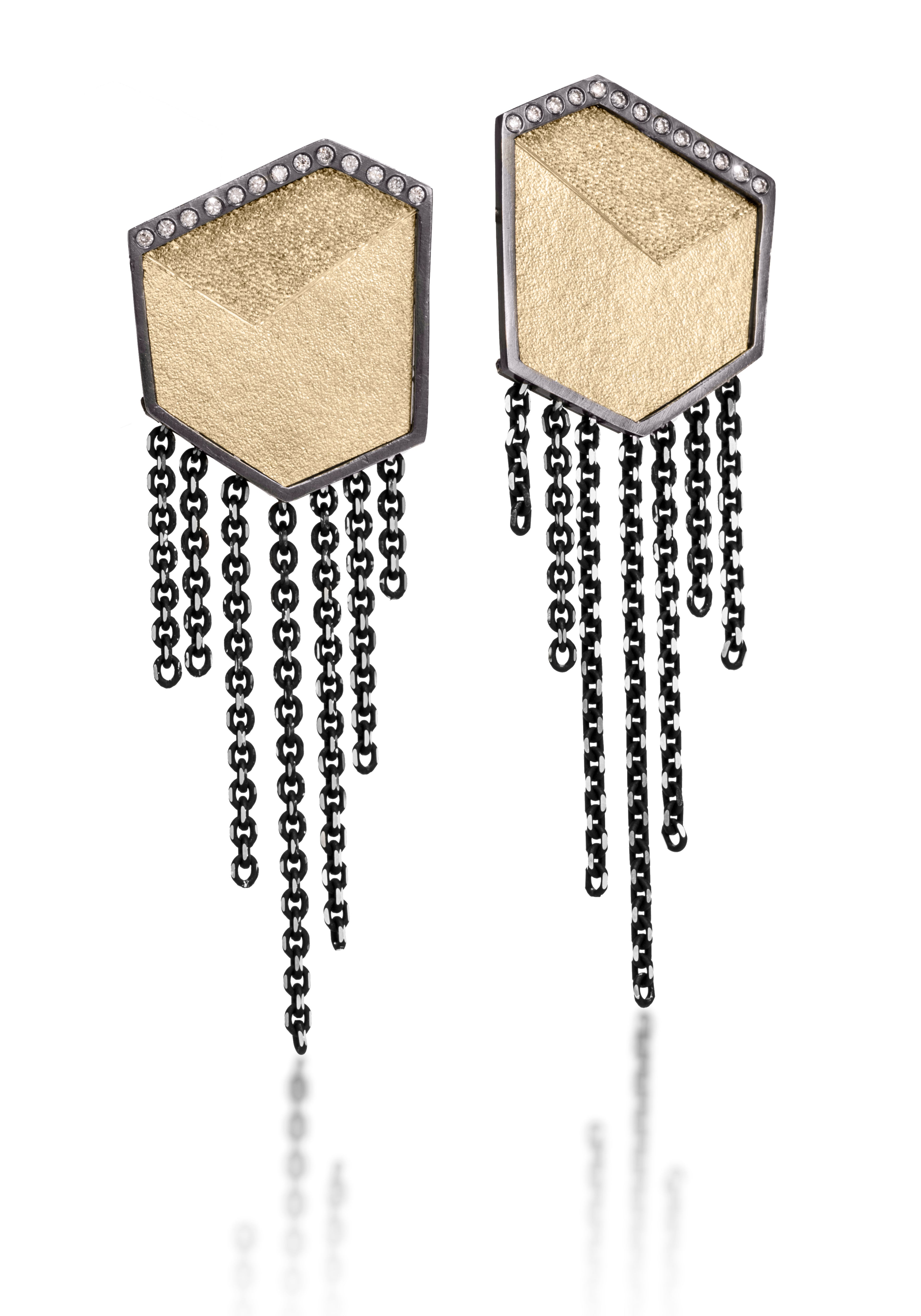 This earring in oxidized sterling silver and richly textured 18k bimetal, is flush set with ideal cut white diamonds. It features 14k gold posts or 18k gold ear wires. Accent facet glitters with the texture of diamond facets, individually scored and textured. Medium size.  Available in post, post fringe, drop and drop fringe styles.  0.1794 tcw
