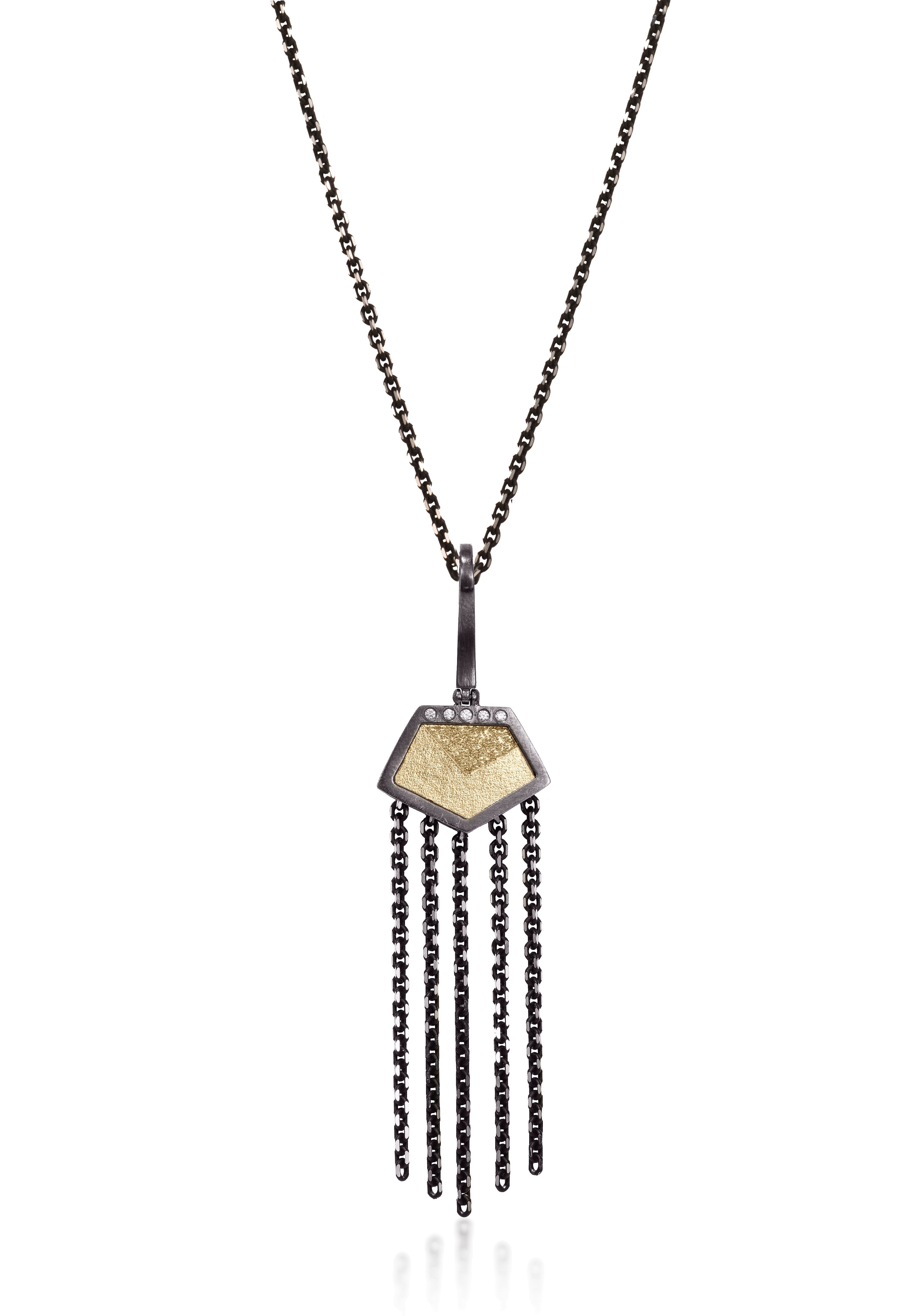 This oxidized sterling silver and richly textured 18k bimetal pendant is flush set with ideal cut white diamonds. Hinged bail of oxidized sterling available as a fixed or enhancer bail. Accent facet glitters with the texture of diamond facets, individually scored and hand textured, with dangling diamond cut fringe. Size extra small. 0.0345 tcw