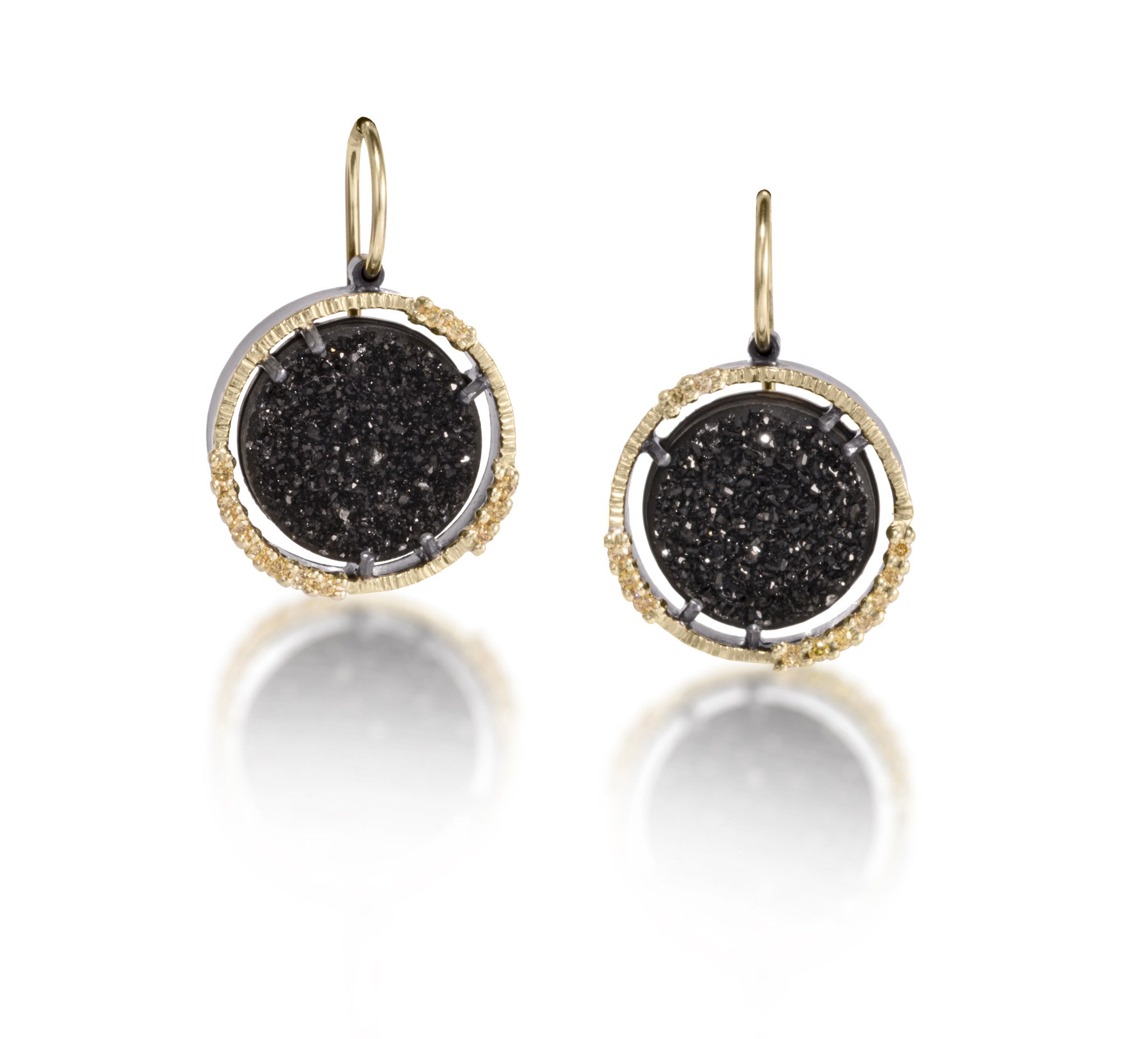 Spiral Earring #4 in 18k gold backed with oxidized sterling silver, prong set black drusy and natural yellow diamonds. Hand fabricated, hammer textured. 18k earwires, round black drusy.