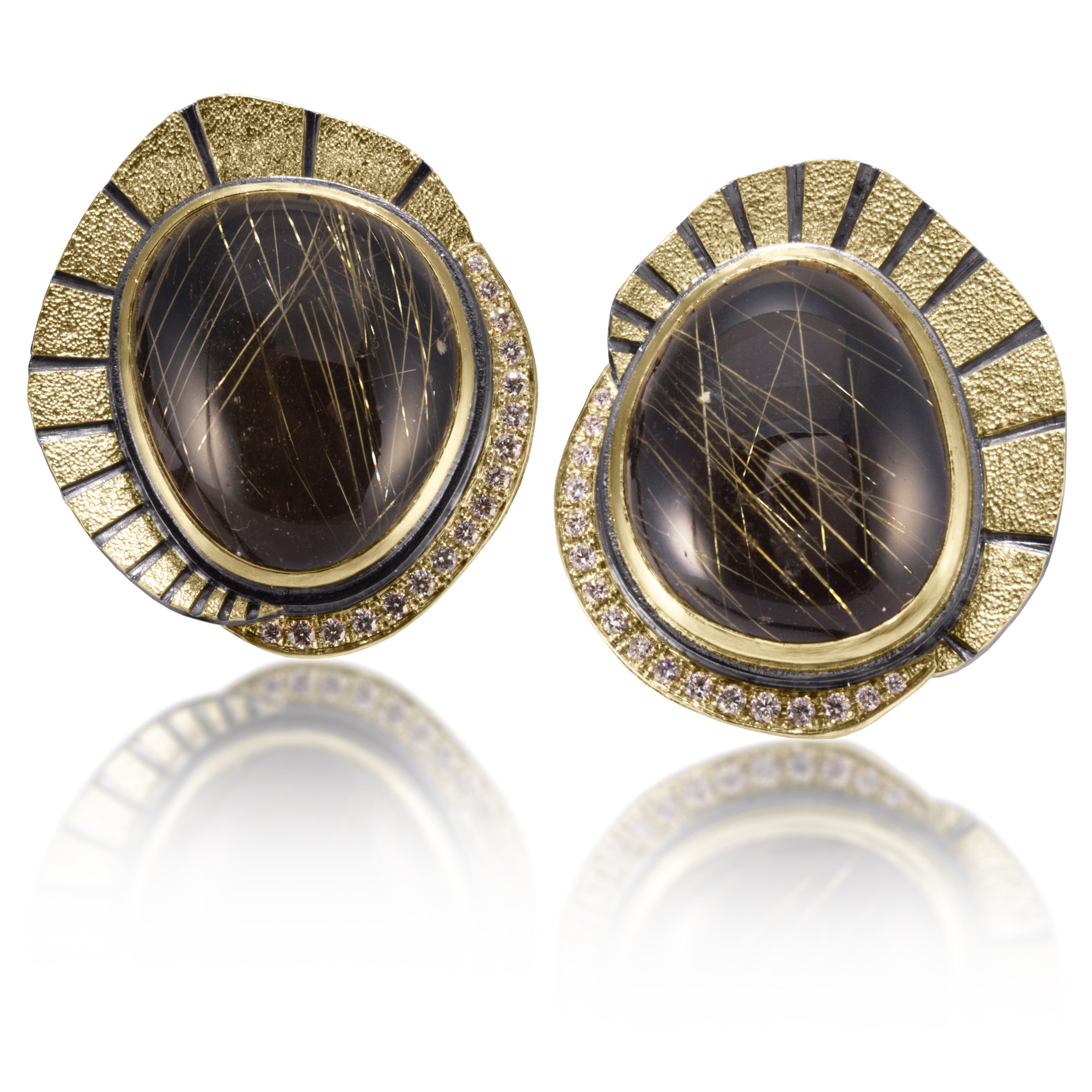 One of a kind Stripe Earring E-2002 in 18k gold and oxidized sterling silver with bezel set, round rutilated quartz backed with black onyx. Hand fabricated, stipple textured and engraved mixed metals. Bright cut pave set white diamonds, .370 tcw., 14k gold posts and oxidized sterling lever backs.