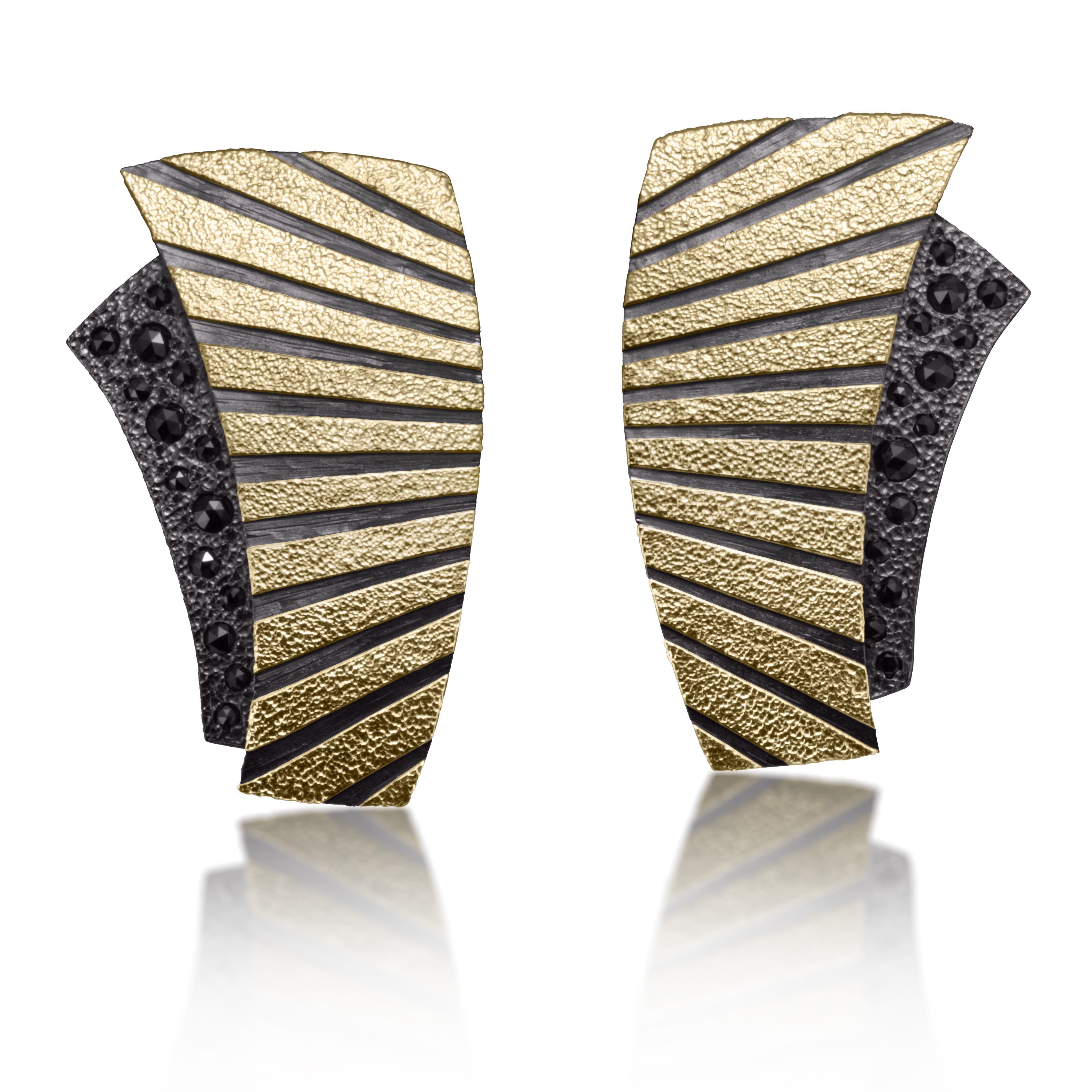 Energy, line and form combine to create Stripe Earring #7. Made in 18k gold and oxidized sterling silver, the design features graduated, radial stripes. Bead set rose cut, black diamonds 0.646 tcw., add a secret shimmer to contrasting areas of oxidized sterling. Post style earring with 14k gold posts and oxidized sterling lever backs. Hand fabricated, stipple textured and engraved mixed metals.
