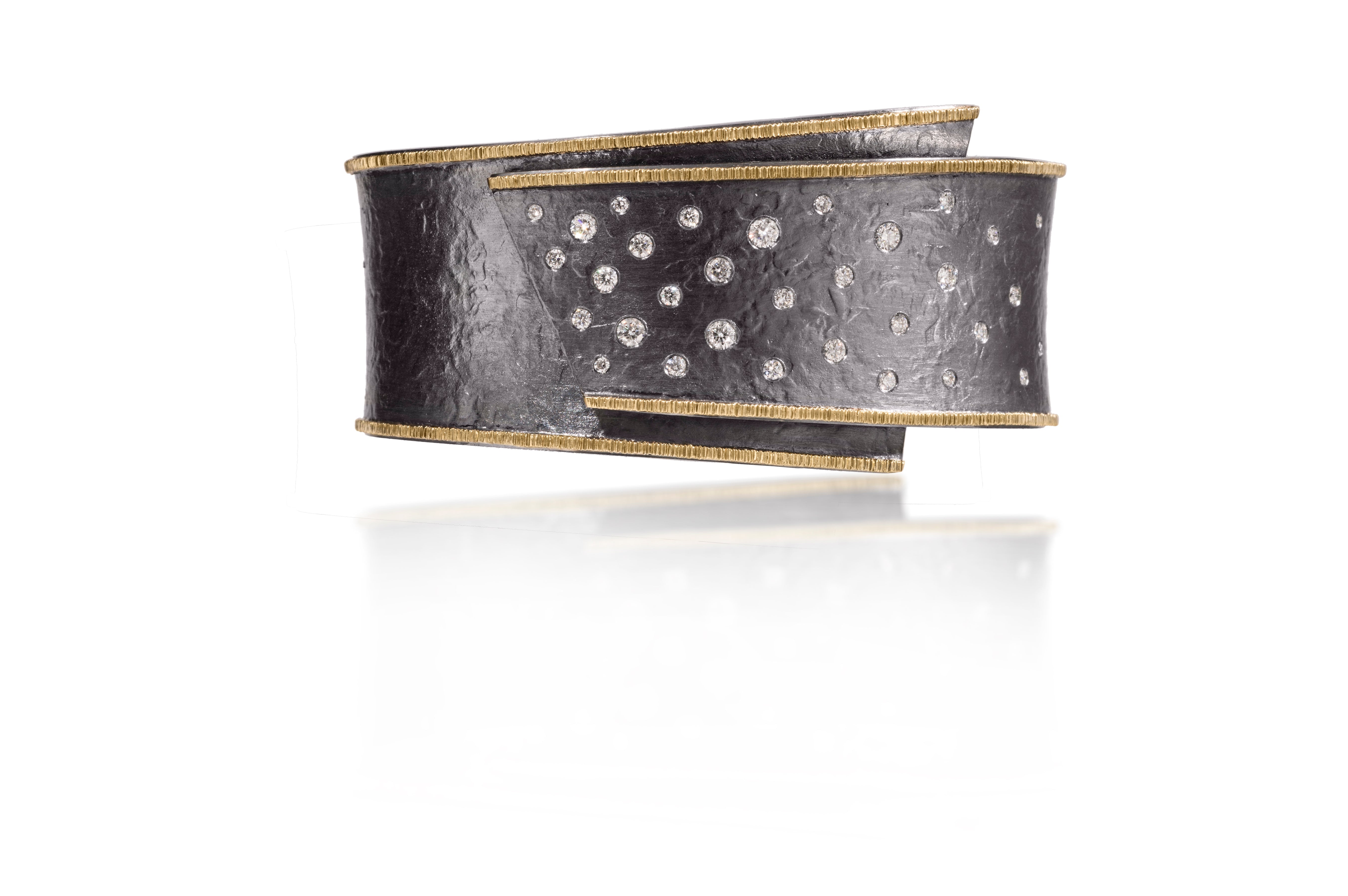 Cyclone B1 Cuff Bracelet, oxidized sterling silver & 18K gold with gray diamonds | Elizabeth Garvin Fine Jewelry