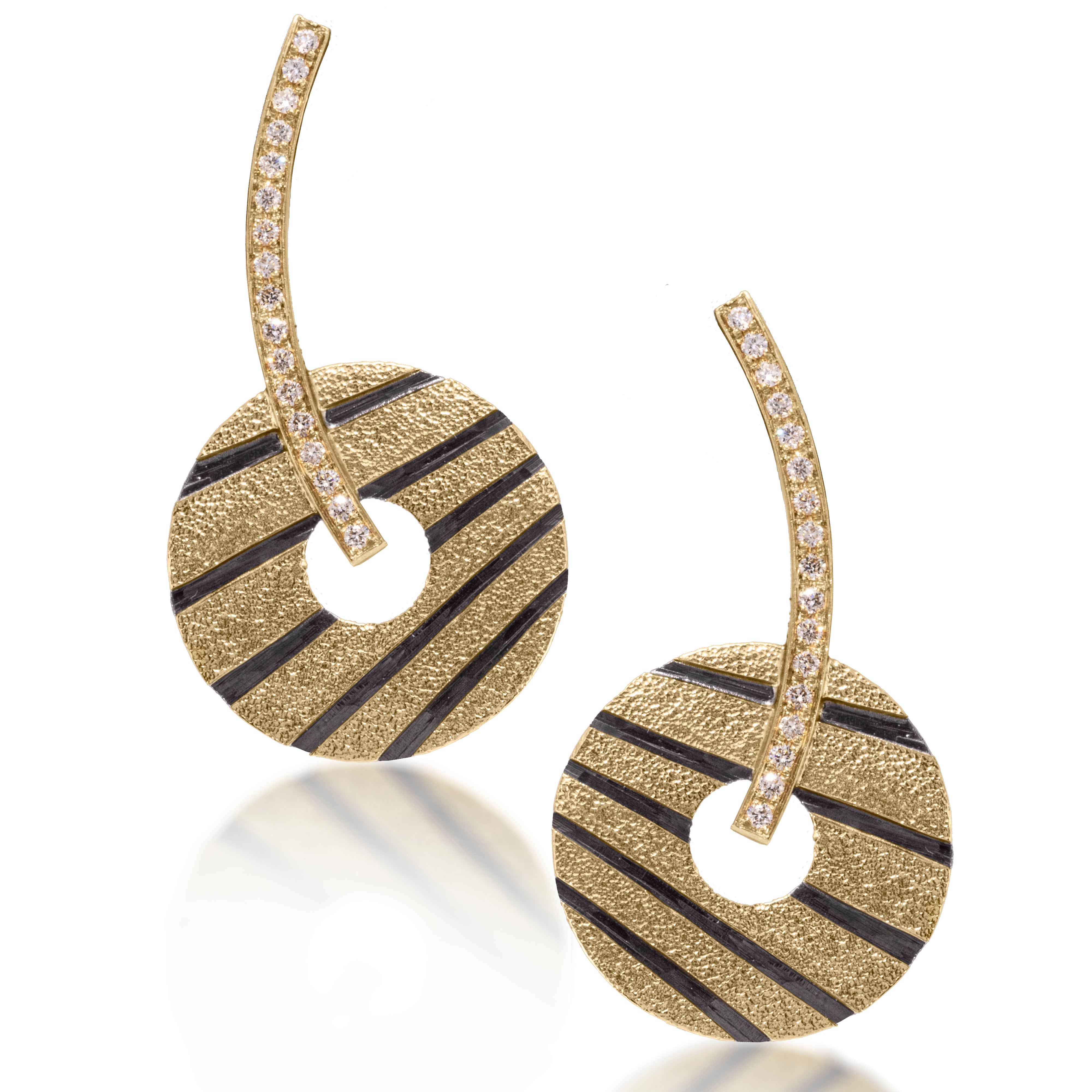 Stripe E16 Earring | Elizabeth Garvin FINE 18k gold and oxidized sterling silver donut shape with white diamond pave drop