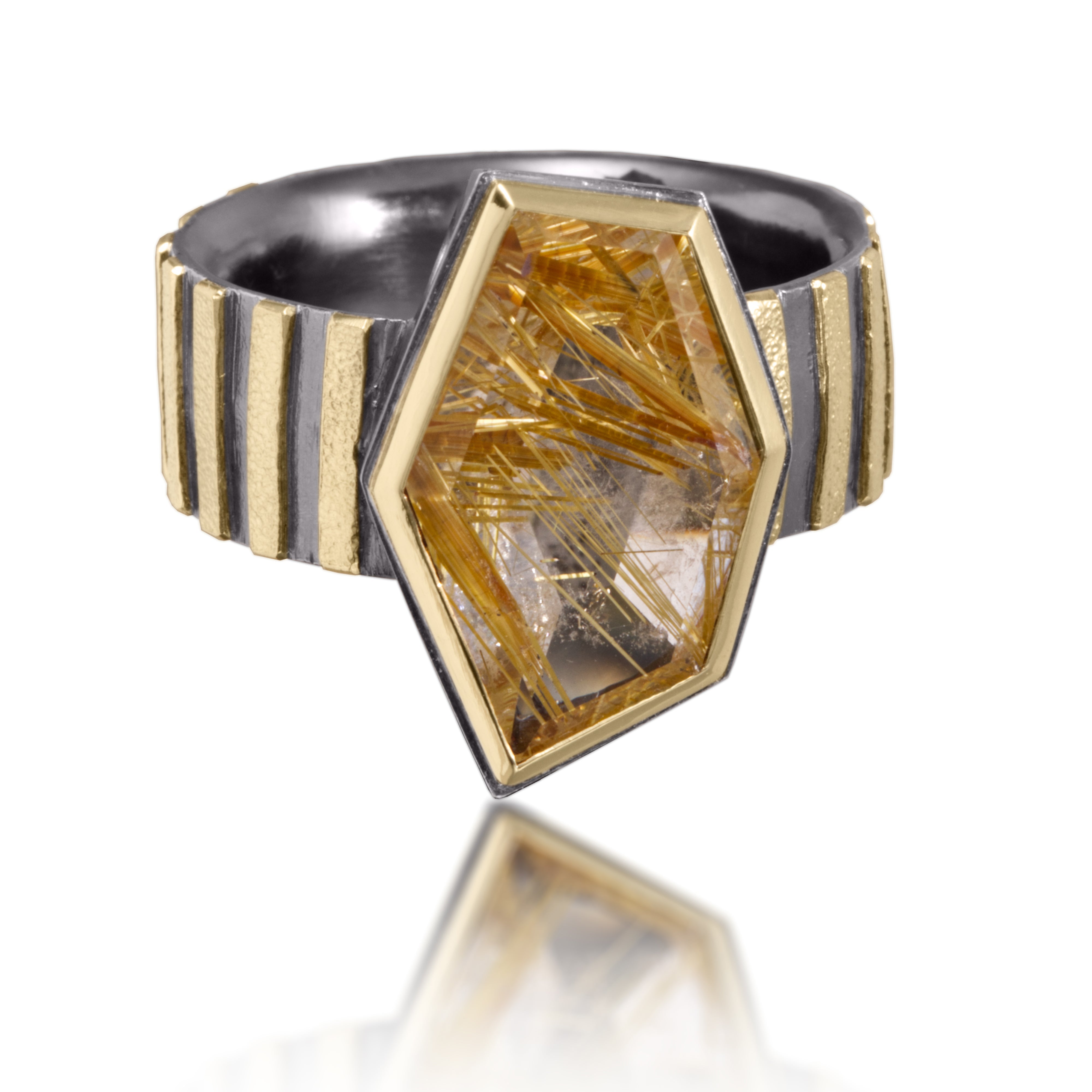 Stripe Ring #12 in 18k gold and oxidized sterling silver is bezel set with a polygon rutilated quartz center stone | Elizabeth Garvin Fine Jewelry