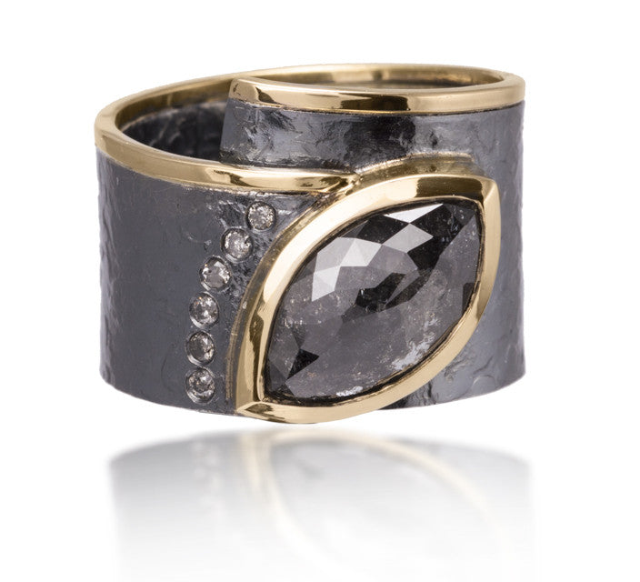 Cyclone Ring #3 in 18k gold and oxidized sterling silver with bezel set center diamond. One of a kind diamond custom set in a one of a kind ring. Forged, textured and fabricated by hand. Marquis shaped deep grey diamond, 3.62 ct., white melee, 0.108 tcw.