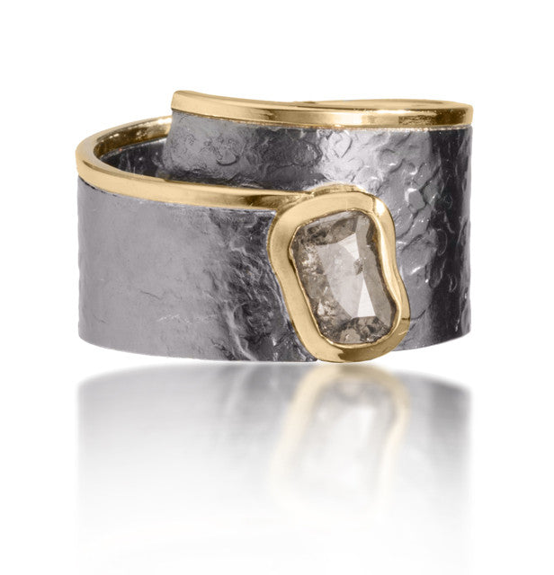 Cyclone Ring #3 in 18k gold and oxidized sterling silver with large bezel set center diamond. One of a kind diamond custom set in a one of a kind ring. Forged, textured and fabricated by hand. Amorphous shaped salt and pepper diamond slice, .33 ct.