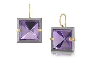 This large style Facets drop earring is natural gemstone set in oxidized silver and 18k gold. Crisp and sparkling faceted squares of natural stone are accented with 18k gold prongs and hang from 18k gold ear wires. 18.8+ tcw.
