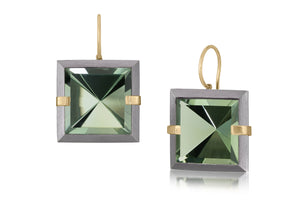 This large style Facets drop earring is natural gemstone set in oxidized silver and 18k gold. Crisp and sparkling faceted squares of natural stone are accented with 18k gold prongs and hang from 18k gold ear wires. 18.8+ tcw.