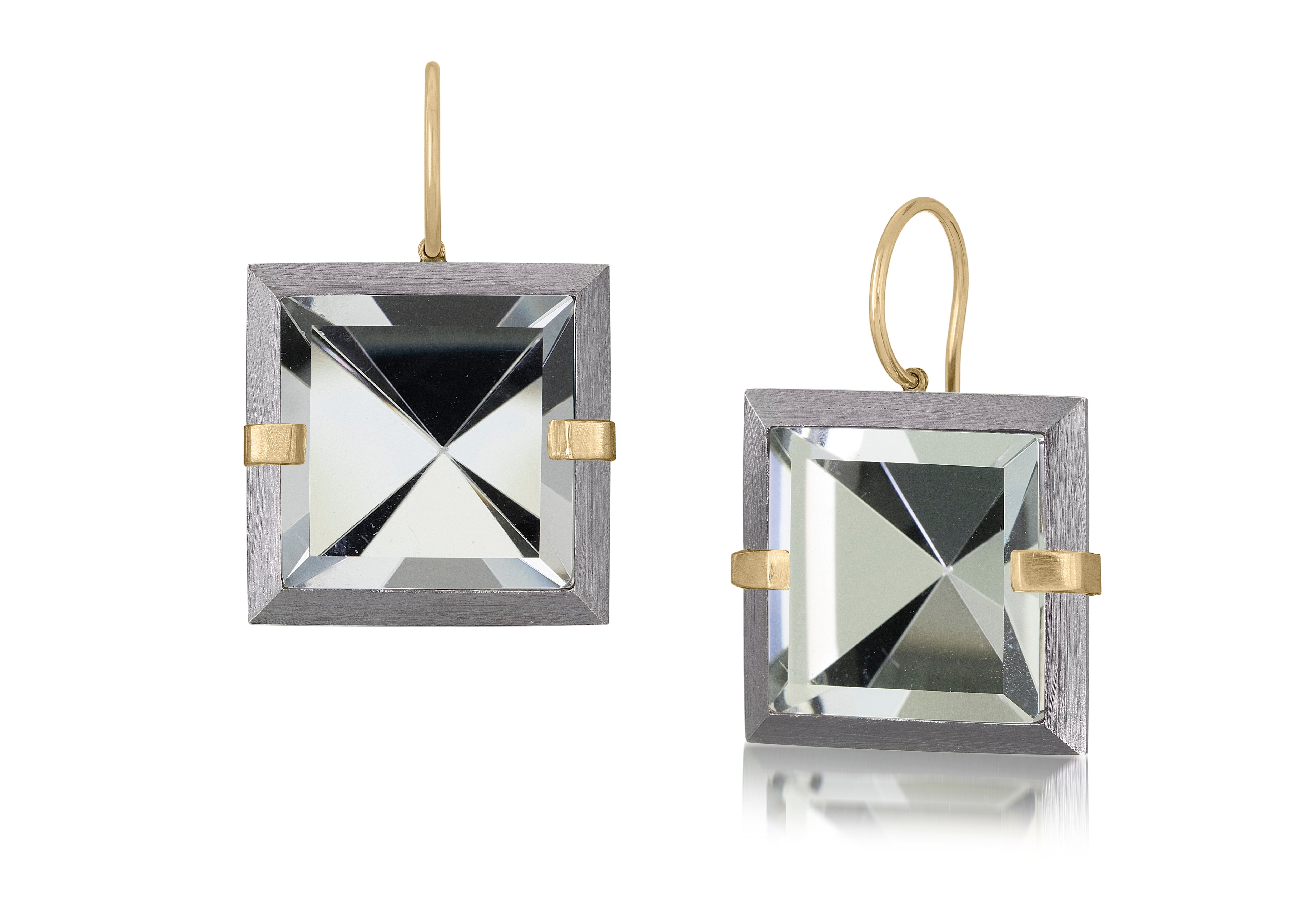 This large style Facets drop earring is natural gemstone set in oxidized silver and 18k gold. Crisp and sparkling faceted squares of natural stone are accented with 18k gold prongs and hang from 18k gold ear wires. 18.8+ tcw.