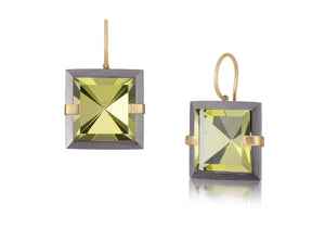 This medium style Facets drop earring is natural gemstone set in oxidized silver and 18k gold. Crisp and sparkling faceted squares of natural stone are accented with 18k gold prongs and hang from 18k gold ear wires. Gemstone 12.64- 14.56 tcw.
