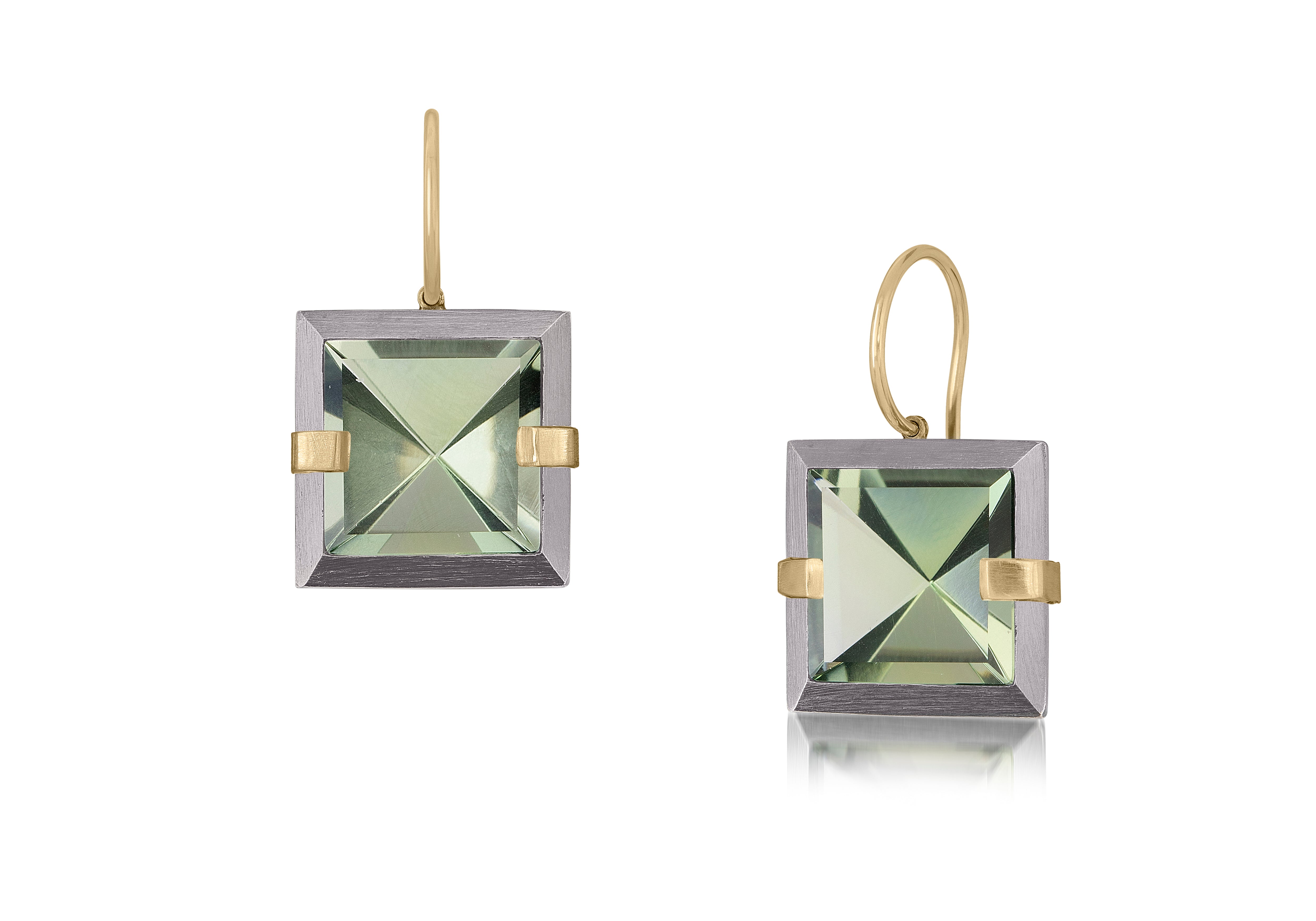 This small style Facets drop earring is natural gemstone set in oxidized sterling and 18k gold. Crisp and sparkling faceted squares of natural stone are accented with 18k gold prongs and hang from 18k gold ear wires. 7.46+ tcw.