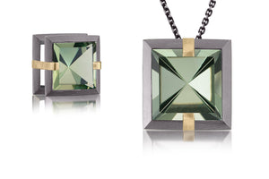 This medium Facets slide pendant in oxidized sterling and 18k gold is set with natural gemstone. Crisp, hand cut, faceted gemstones are set in a square two level frame of oxidized silver, accented by 18k gold prongs. Gemstone 6.32-7.28 tcw.