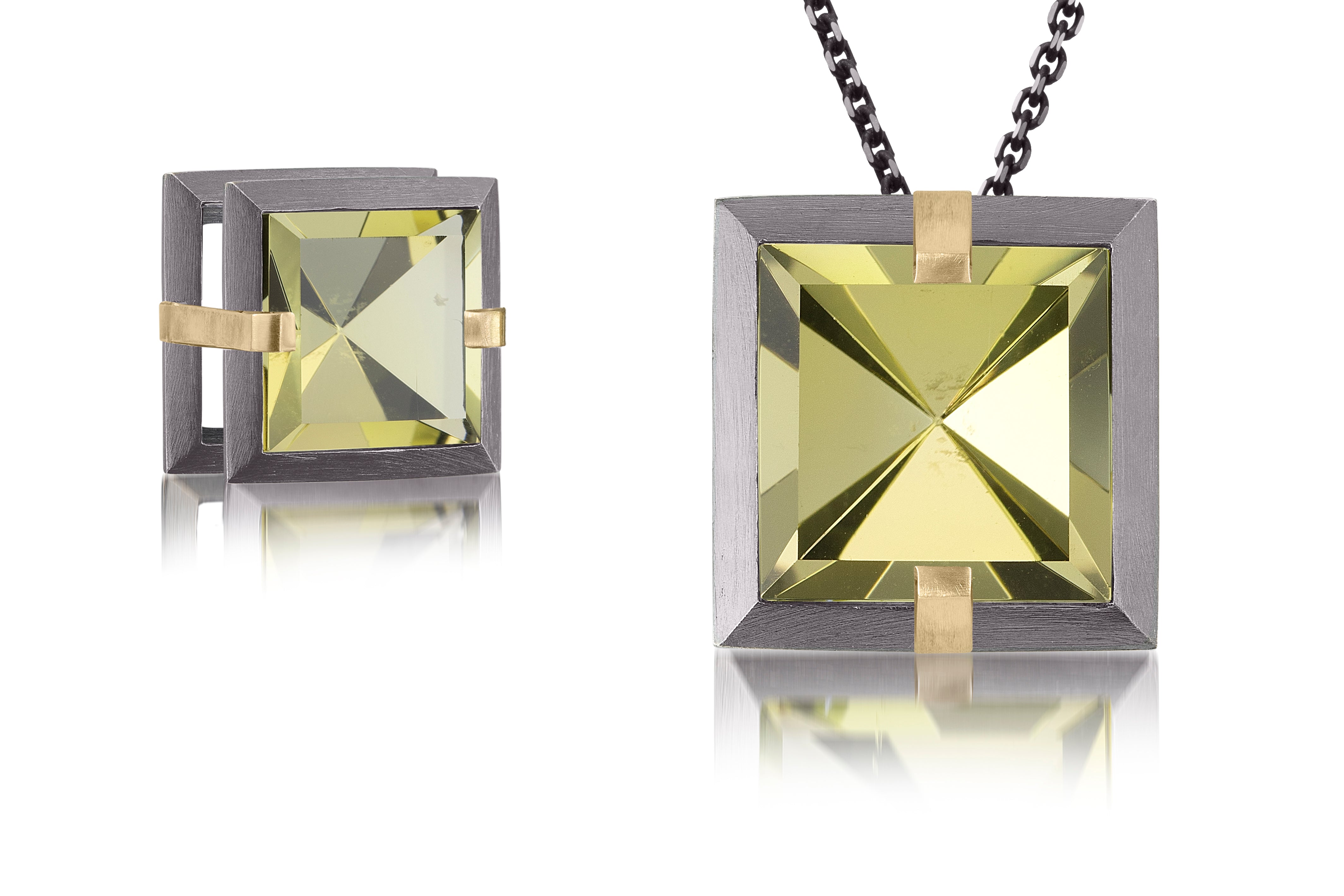 This medium Facets slide pendant in oxidized sterling and 18k gold is set with natural gemstone. Crisp, hand cut, faceted gemstones are set in a square two level frame of oxidized silver, accented by 18k gold prongs. Gemstone 6.32-7.28 tcw.