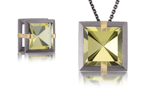 This medium Facets slide pendant in oxidized sterling and 18k gold is set with natural gemstone. Crisp, hand cut, faceted gemstones are set in a square two level frame of oxidized silver, accented by 18k gold prongs. Gemstone 6.32-7.28 tcw.