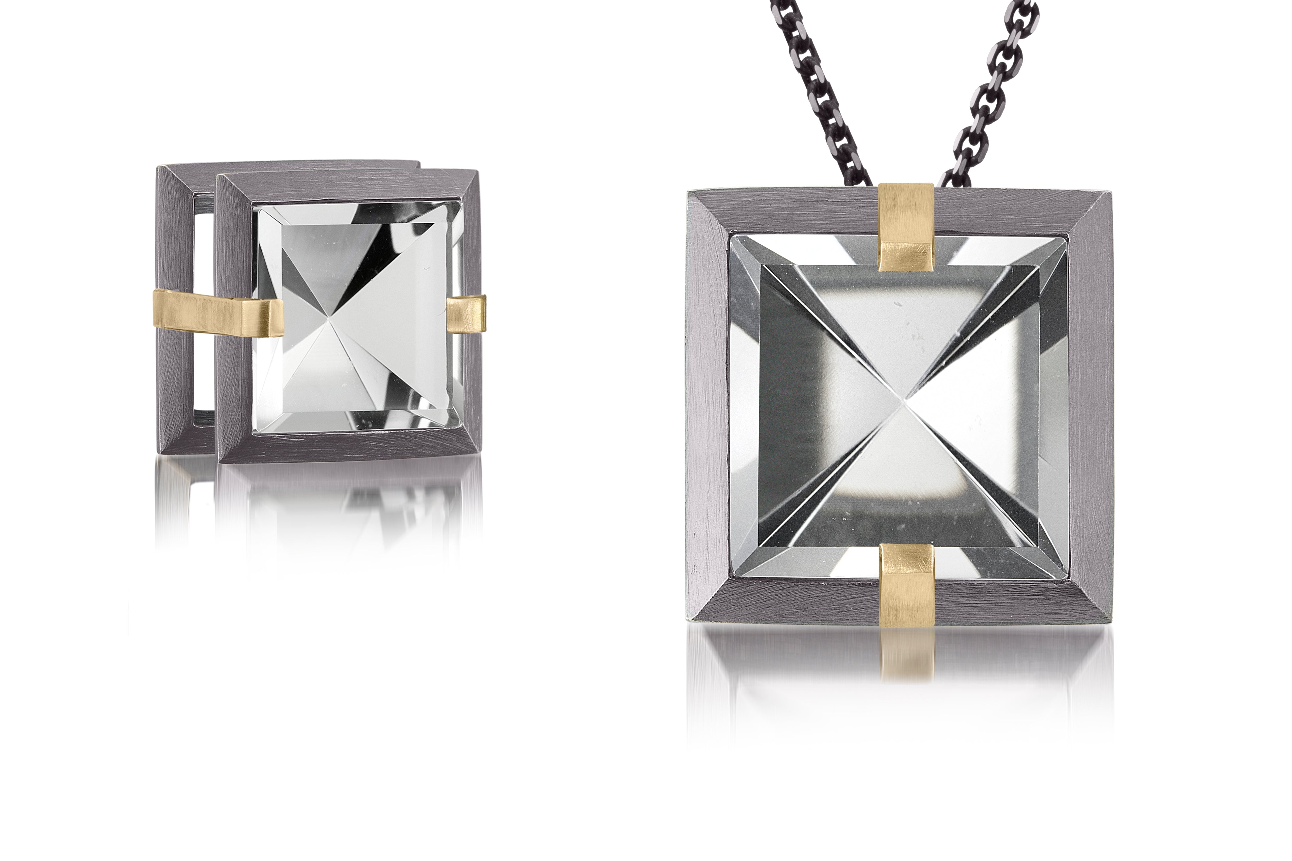 This medium Facets slide pendant in oxidized sterling and 18k gold is set with natural gemstone. Crisp, hand cut, faceted gemstones are set in a square two level frame of oxidized silver, accented by 18k gold prongs. Gemstone 6.32-7.28 tcw.