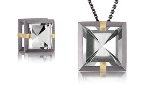 This medium Facets slide pendant in oxidized sterling and 18k gold is set with natural gemstone. Crisp, hand cut, faceted gemstones are set in a square two level frame of oxidized silver, accented by 18k gold prongs. Gemstone 6.32-7.28 tcw.
