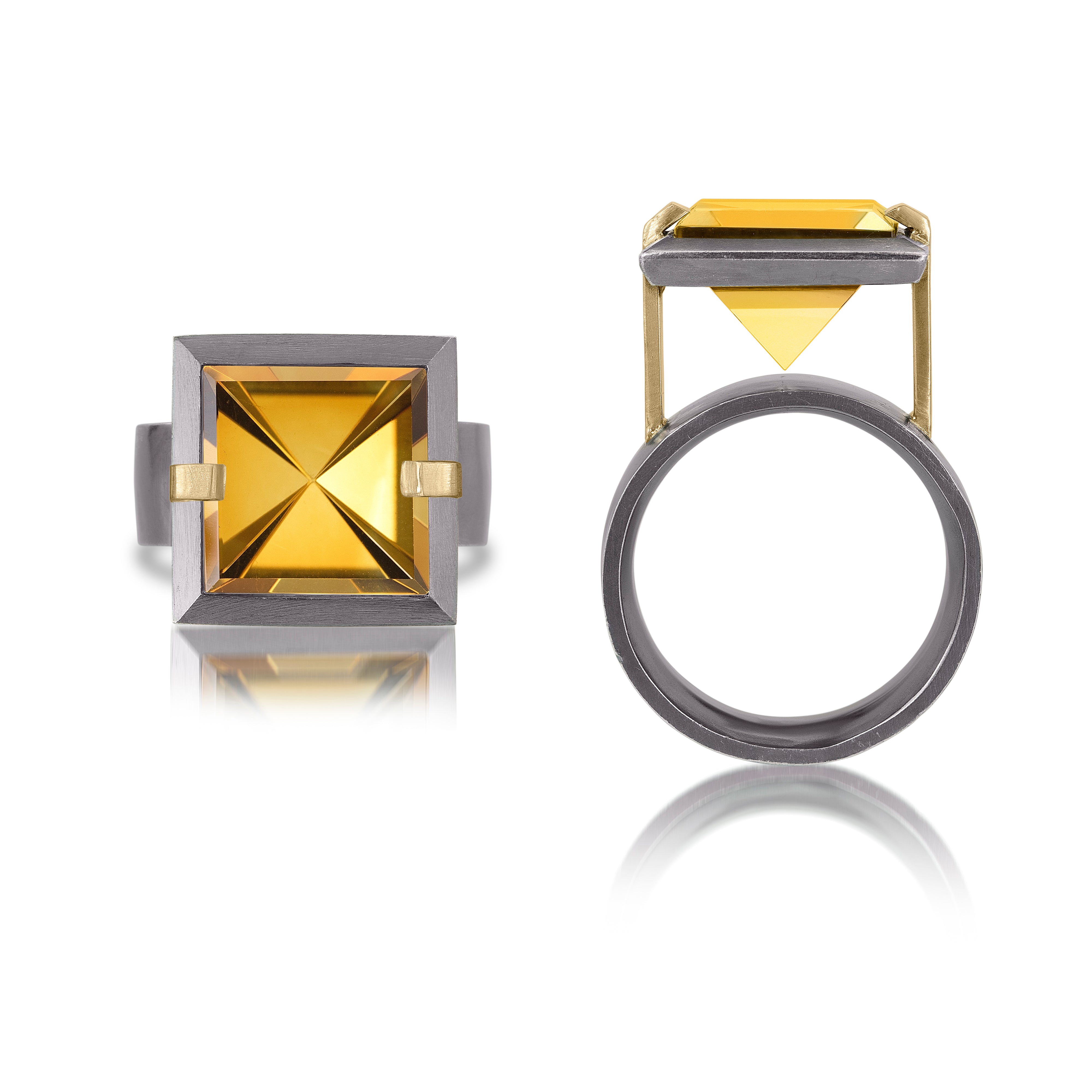 This medium style Facets ring is natural gemstone set in oxidized sterling and 18k gold. Crisp and sparkling faceted squares of gemstone are elevated and framed in oxidized silver accented with 18k gold prongs.  The ring features an oxidized sterling comfort band.  Gemstone 6.32- 7.28 tcw.
