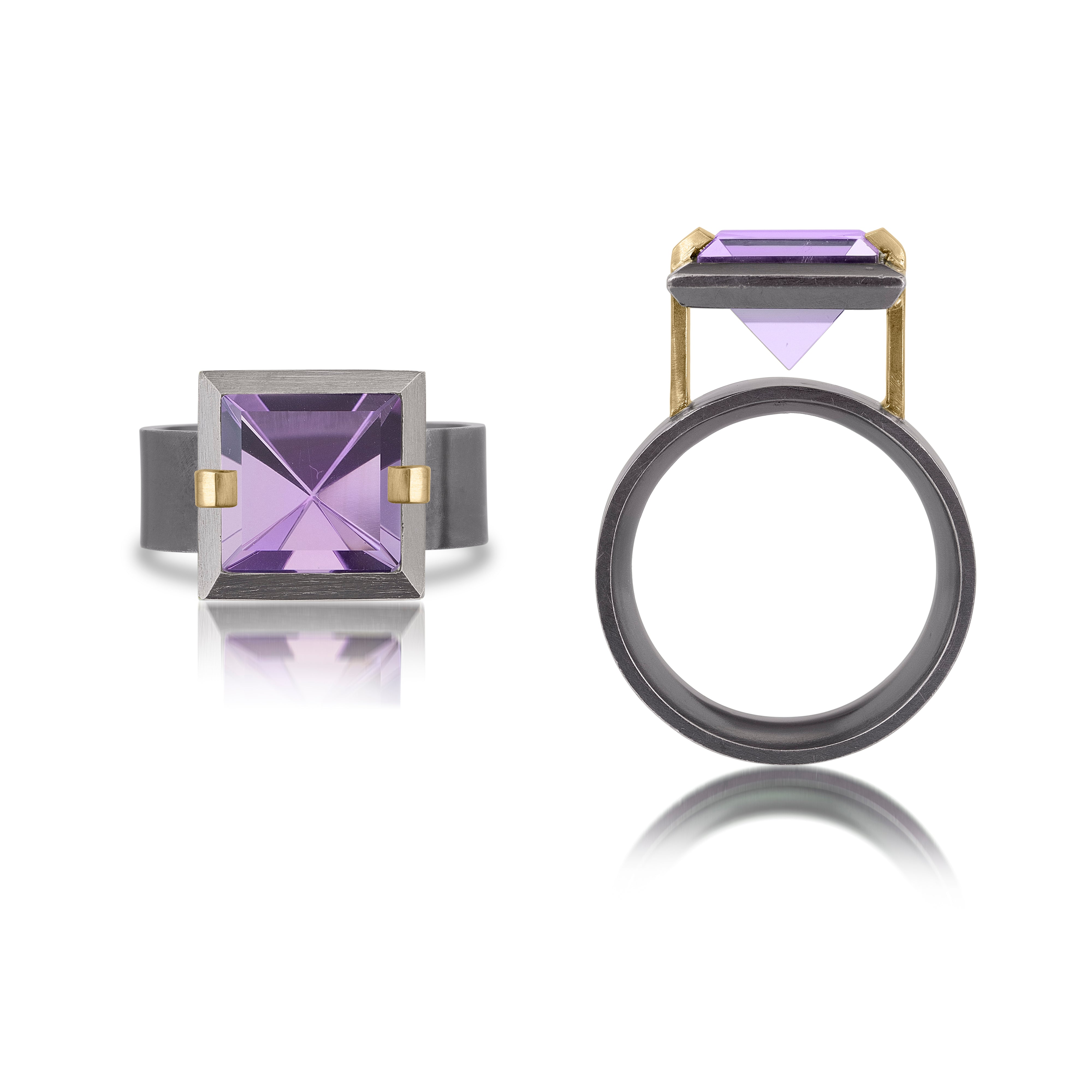 This small style Facets ring is natural gemstone set in oxidized sterling and 18k gold. Crisp and sparkling faceted squares of gemstone are elevated and framed in oxidized silver accented with 18k gold prongs.  The ring features an oxidized sterling comfort band.  Gemstone 3.26- 3.76 tcw.